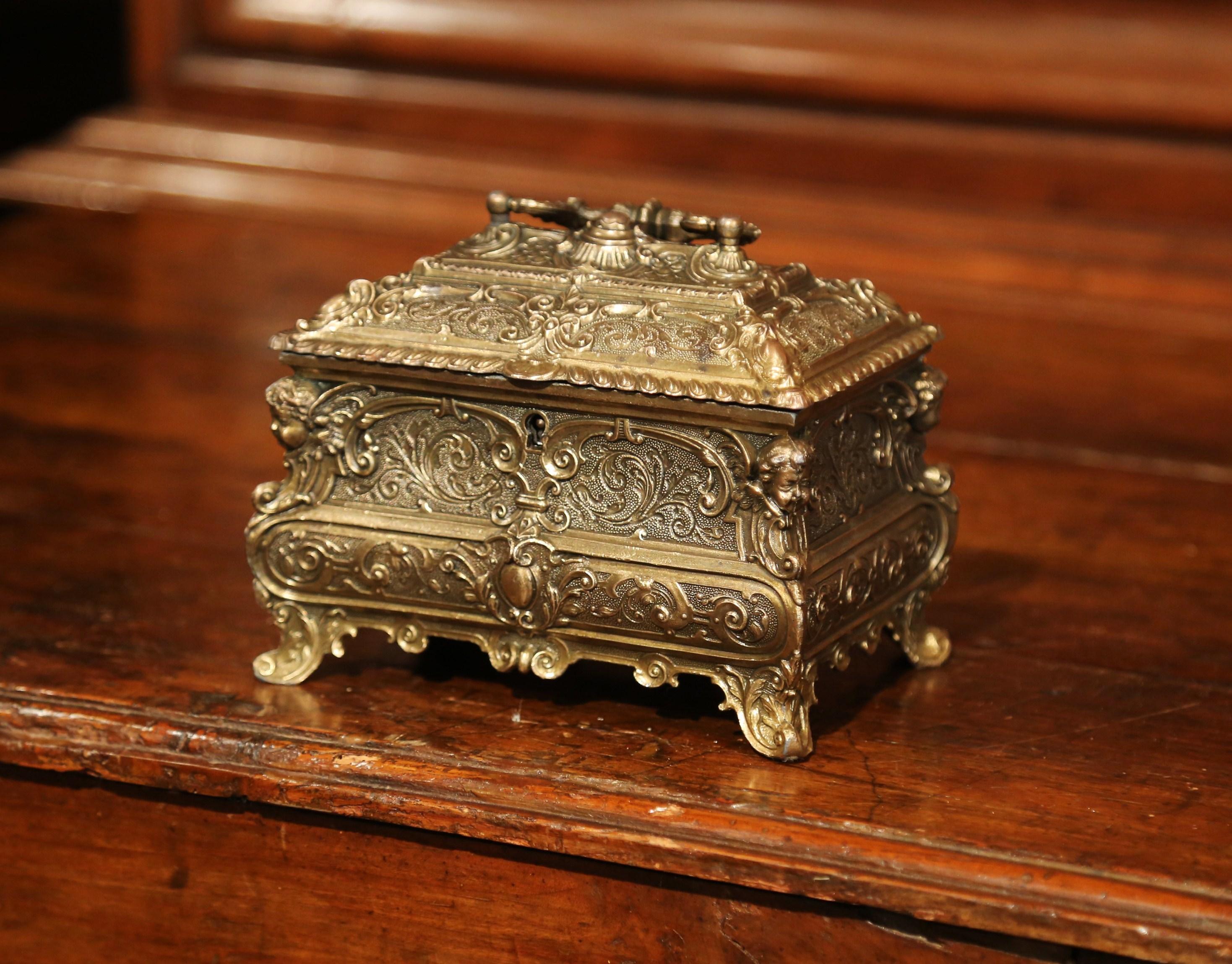 Repoussé 19th Century French Louis XV Brass Plated Bombe Jewelry Box with Repousse Decor