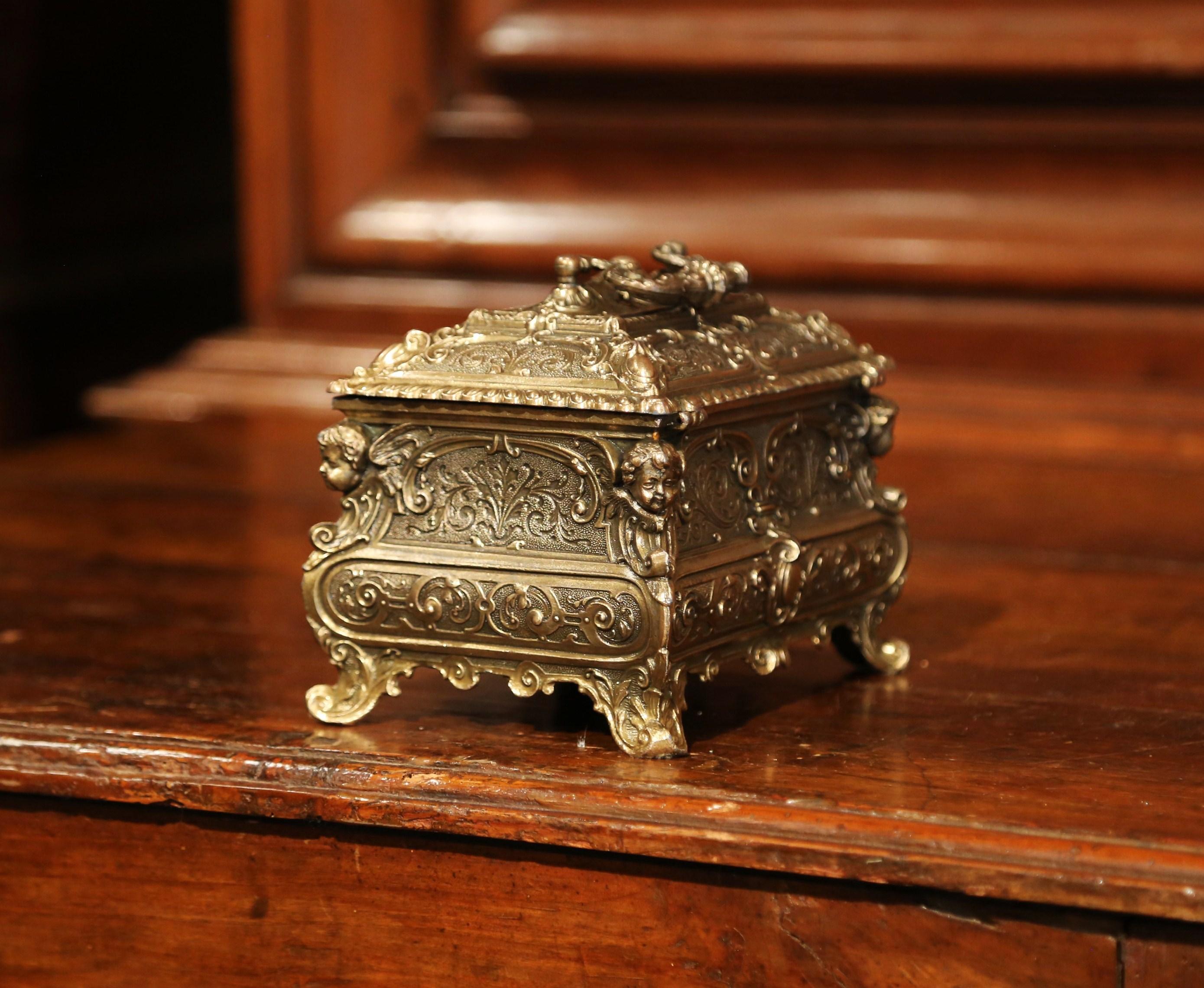 19th Century French Louis XV Brass Plated Bombe Jewelry Box with Repousse Decor 1