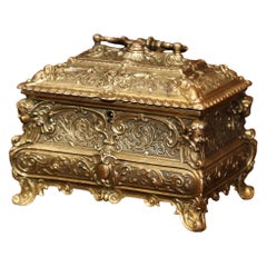 19th Century French Louis XV Brass Plated Bombe Jewelry Box with Repousse Decor