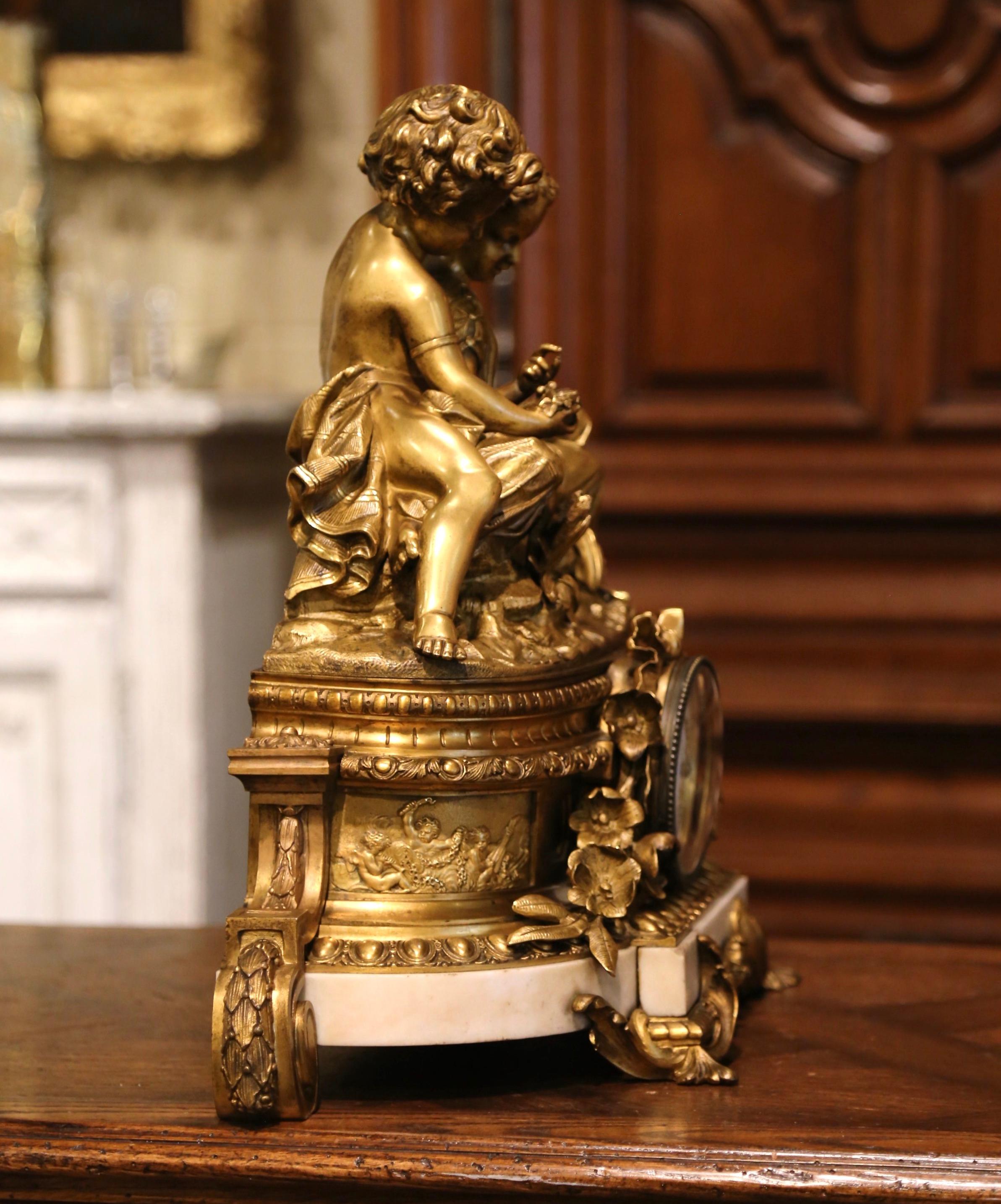 19th Century French Louis XV Bronze Dore and Marble Mantel Clock Signed Rignault 6