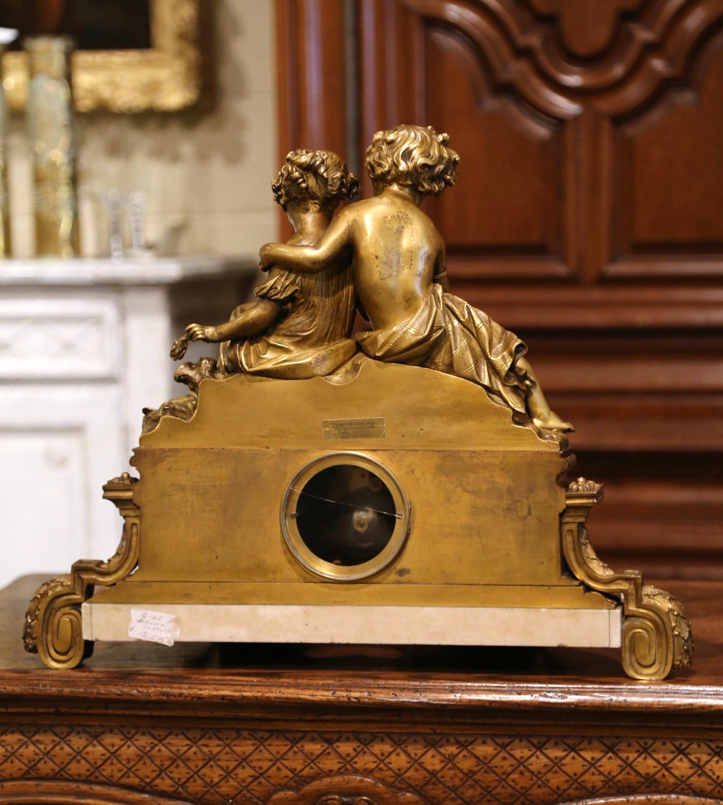 19th Century French Louis XV Bronze Dore and Marble Mantel Clock Signed Rignault 7