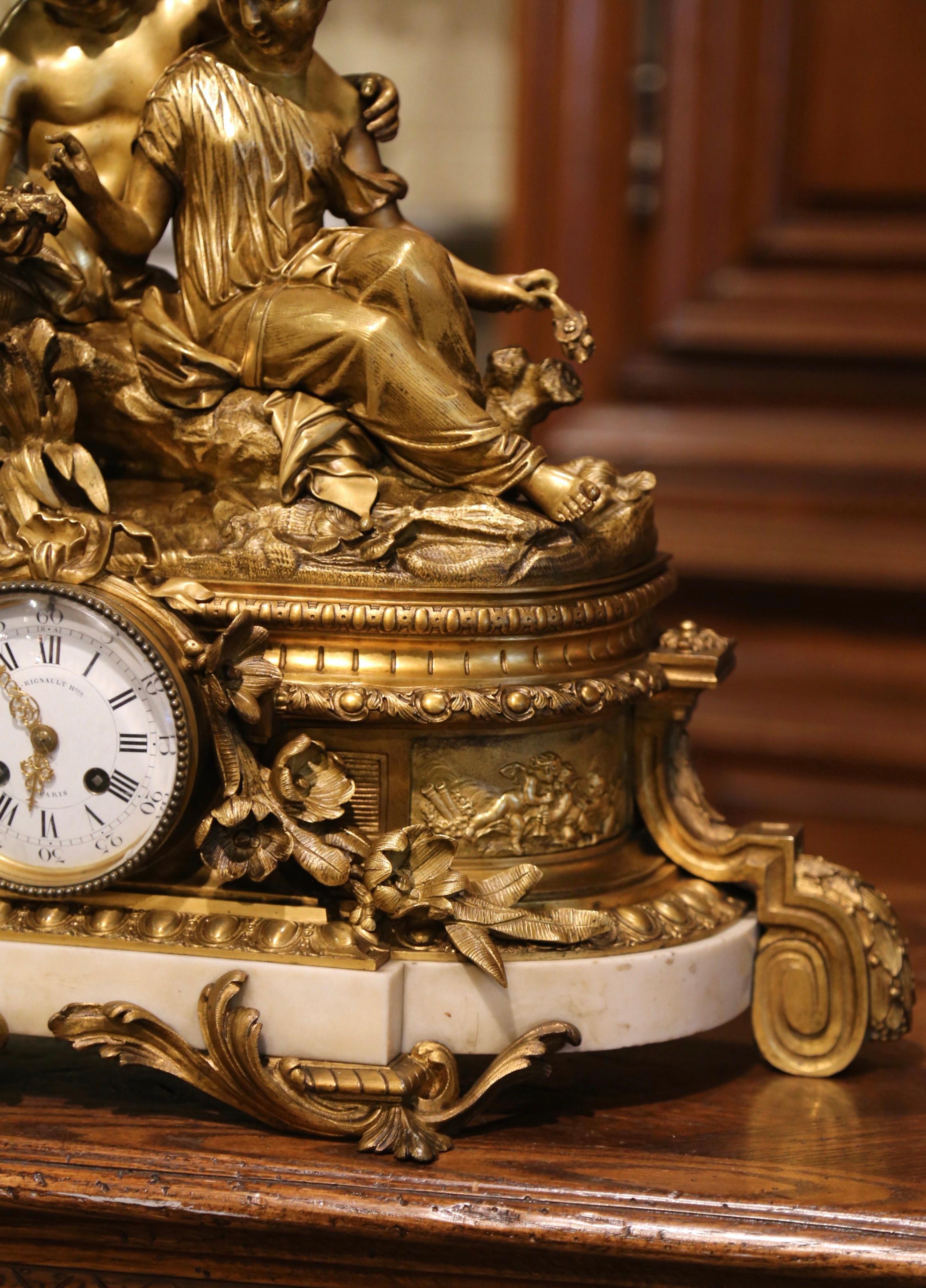 19th Century French Louis XV Bronze Dore and Marble Mantel Clock Signed Rignault 1