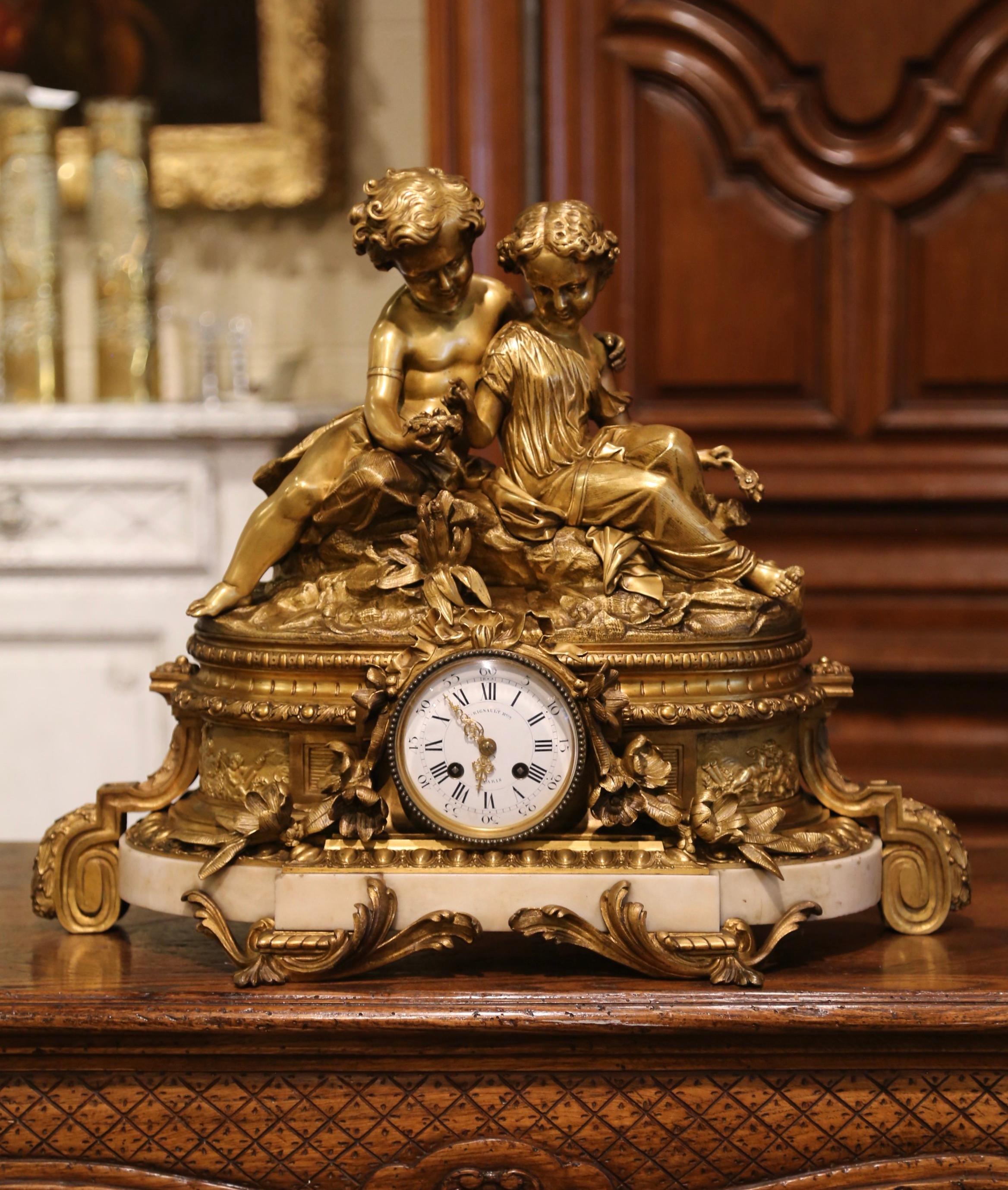 19th Century French Louis XV Bronze Dore and Marble Mantel Clock Signed Rignault 2