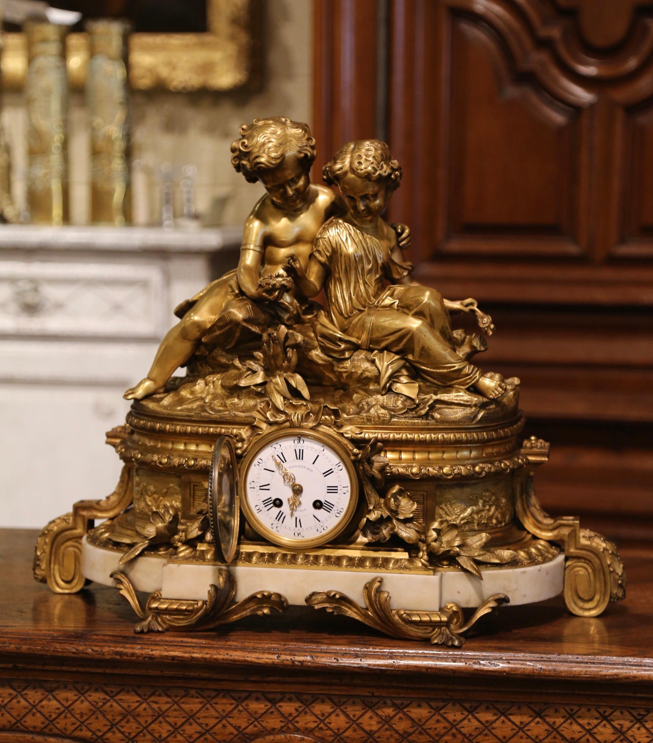 19th Century French Louis XV Bronze Dore and Marble Mantel Clock Signed Rignault 3