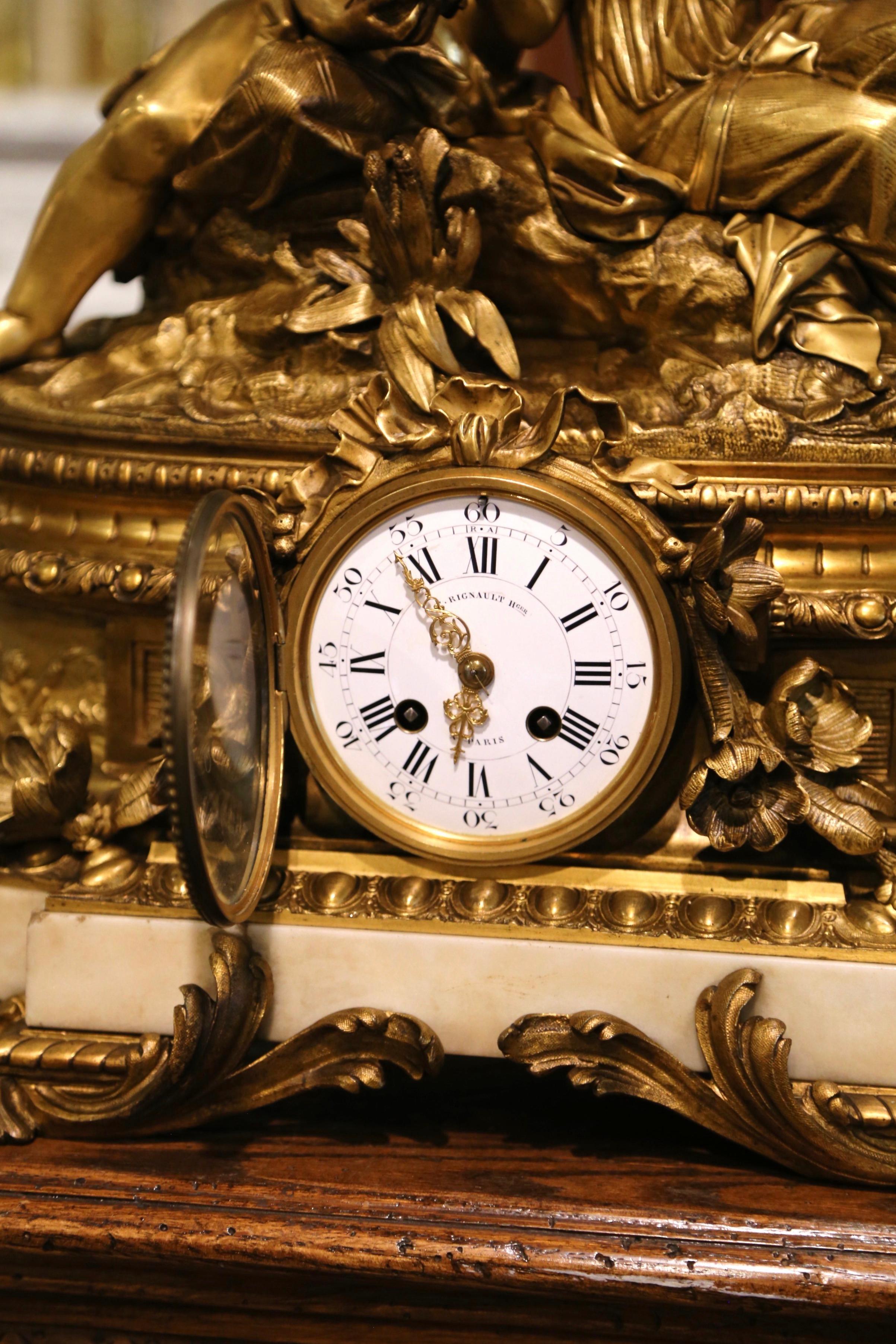 19th Century French Louis XV Bronze Dore and Marble Mantel Clock Signed