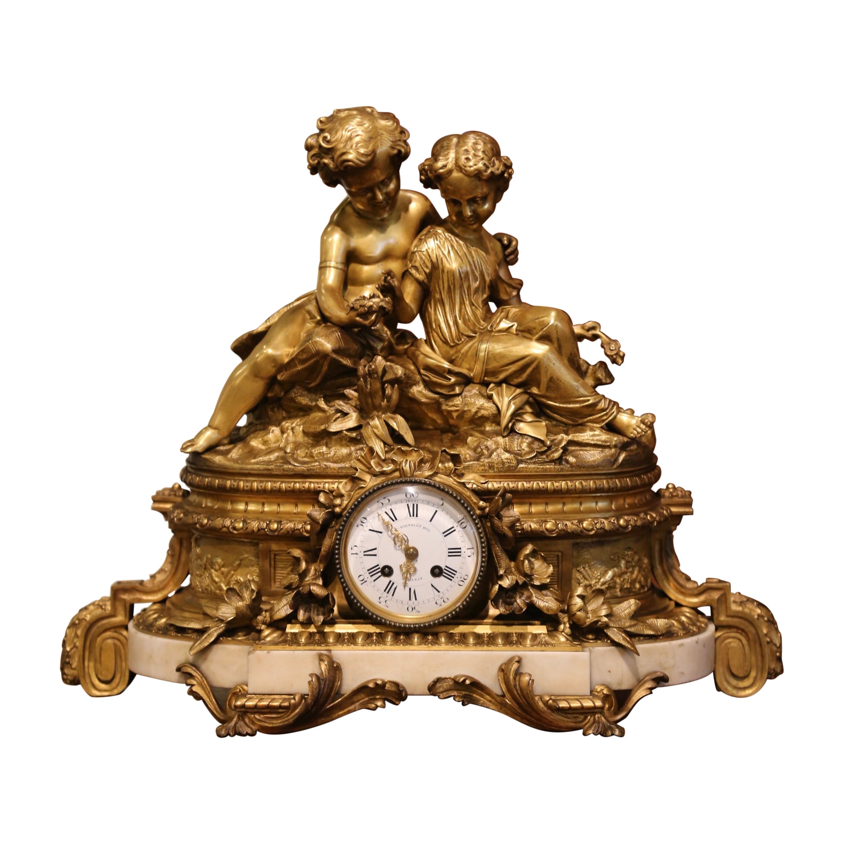 19th Century French Louis XV Bronze Dore and Marble Mantel Clock Signed Rignault