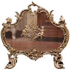 Antique 19th Century French Louis XV Bronze Doré Fireplace Screen with Cherub Motifs