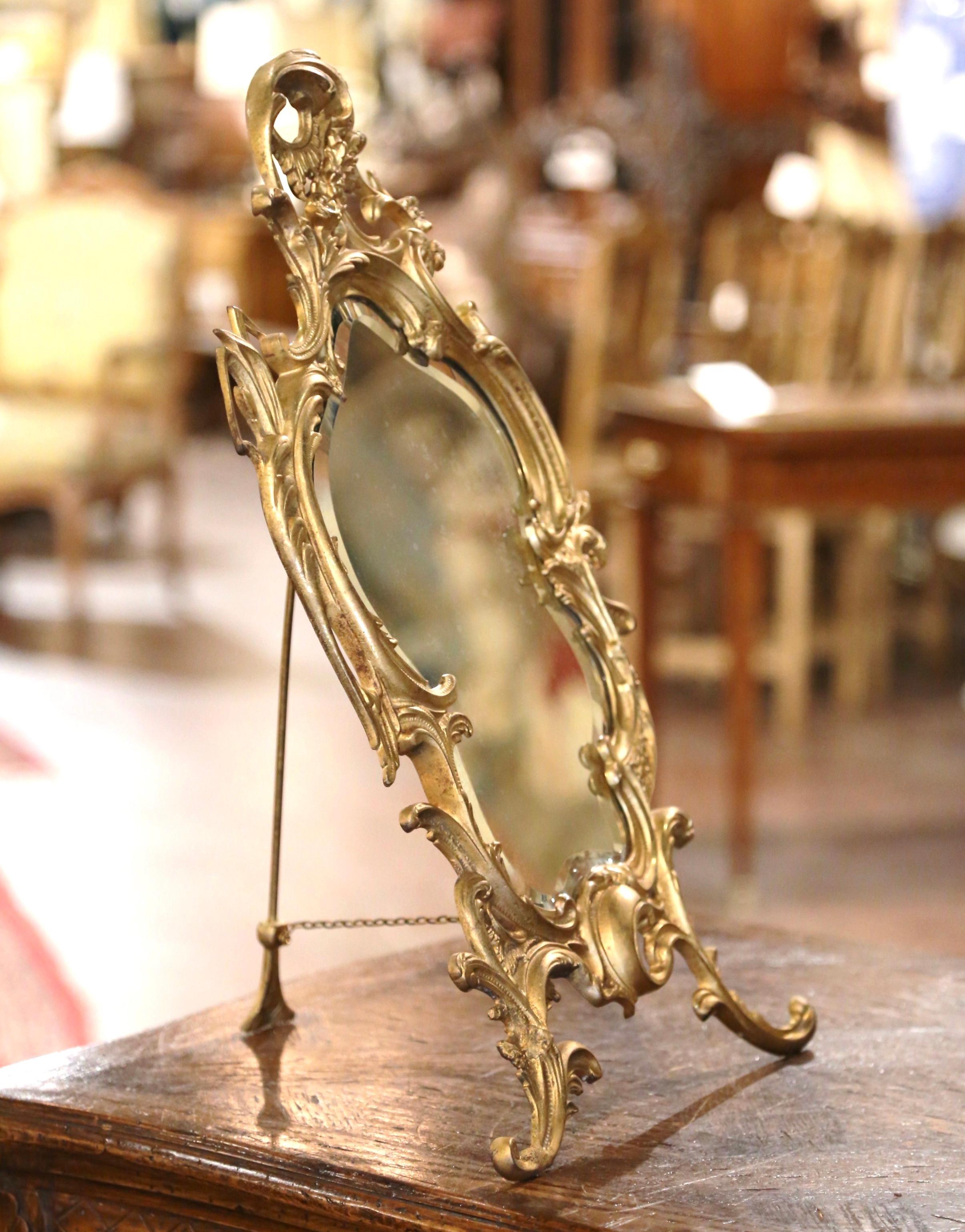 Hand-Crafted 19th Century French Louis XV Bronze Dore Free Standing Vanity Table Mirror For Sale