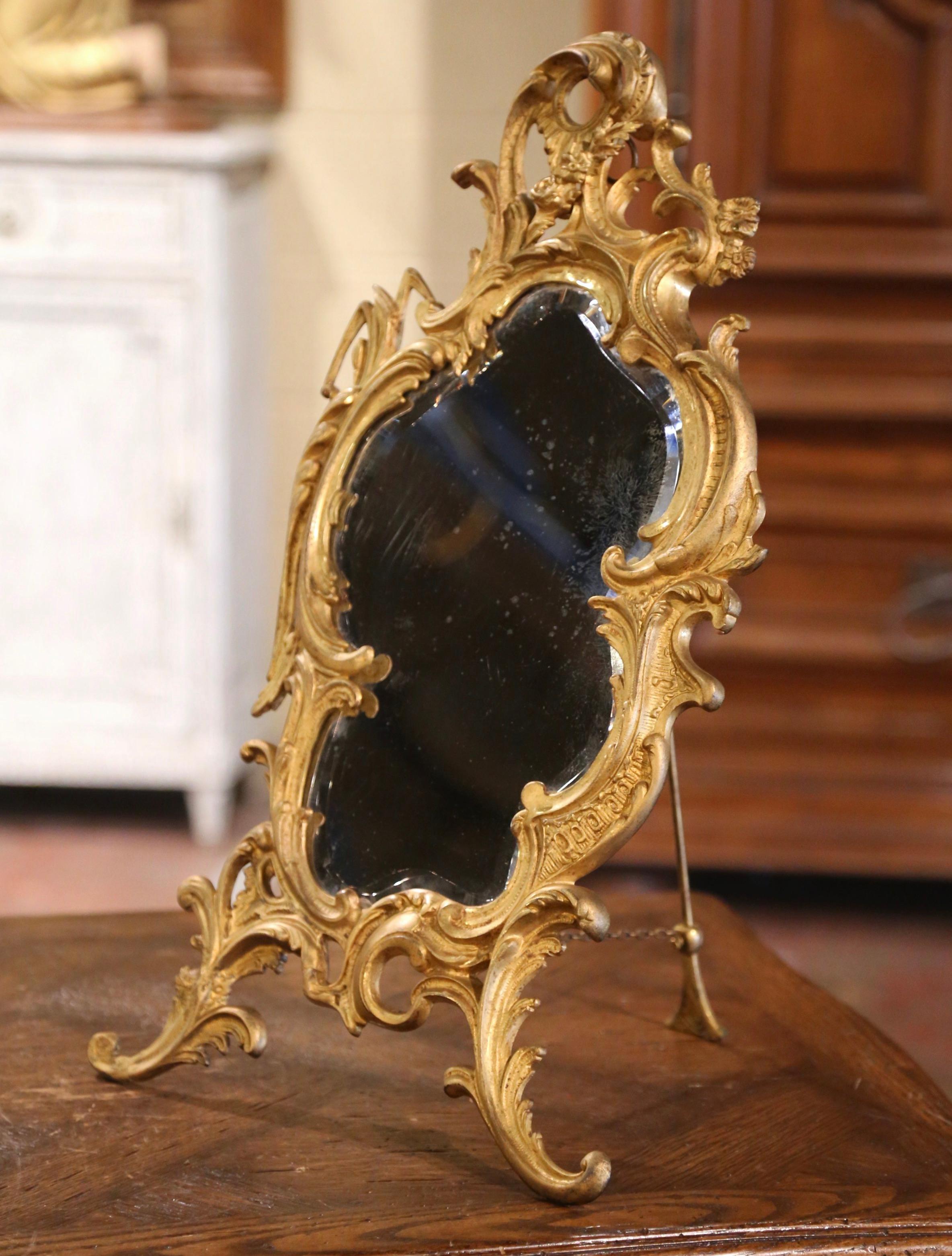 19th Century French Louis XV Bronze Dore Free Standing Vanity Table Mirror In Excellent Condition For Sale In Dallas, TX