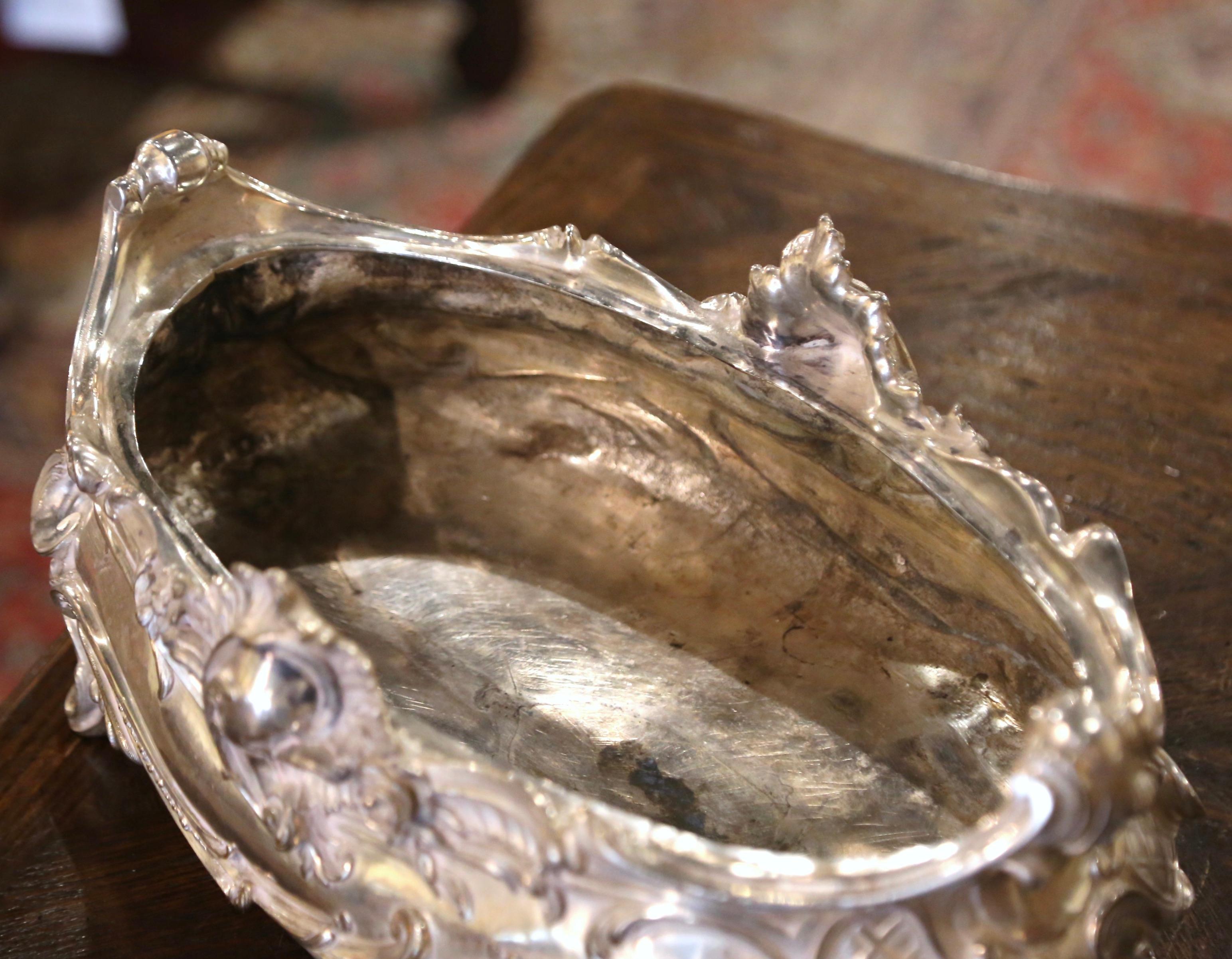 19th Century French Louis XV Bronze Silver Plated Oval Jardinière Center Piece For Sale 8