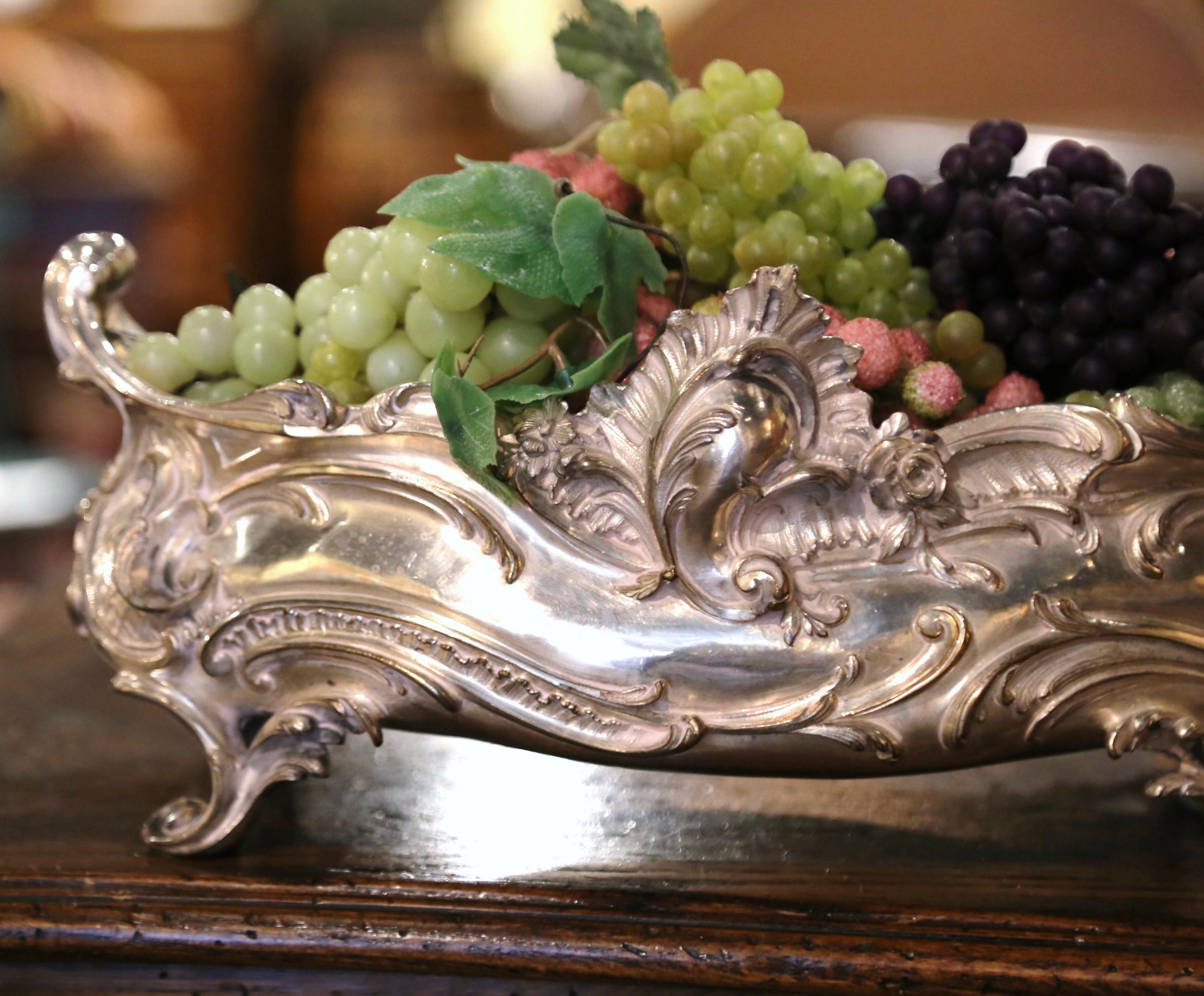 Hand-Crafted 19th Century French Louis XV Bronze Silver Plated Oval Jardinière Center Piece For Sale