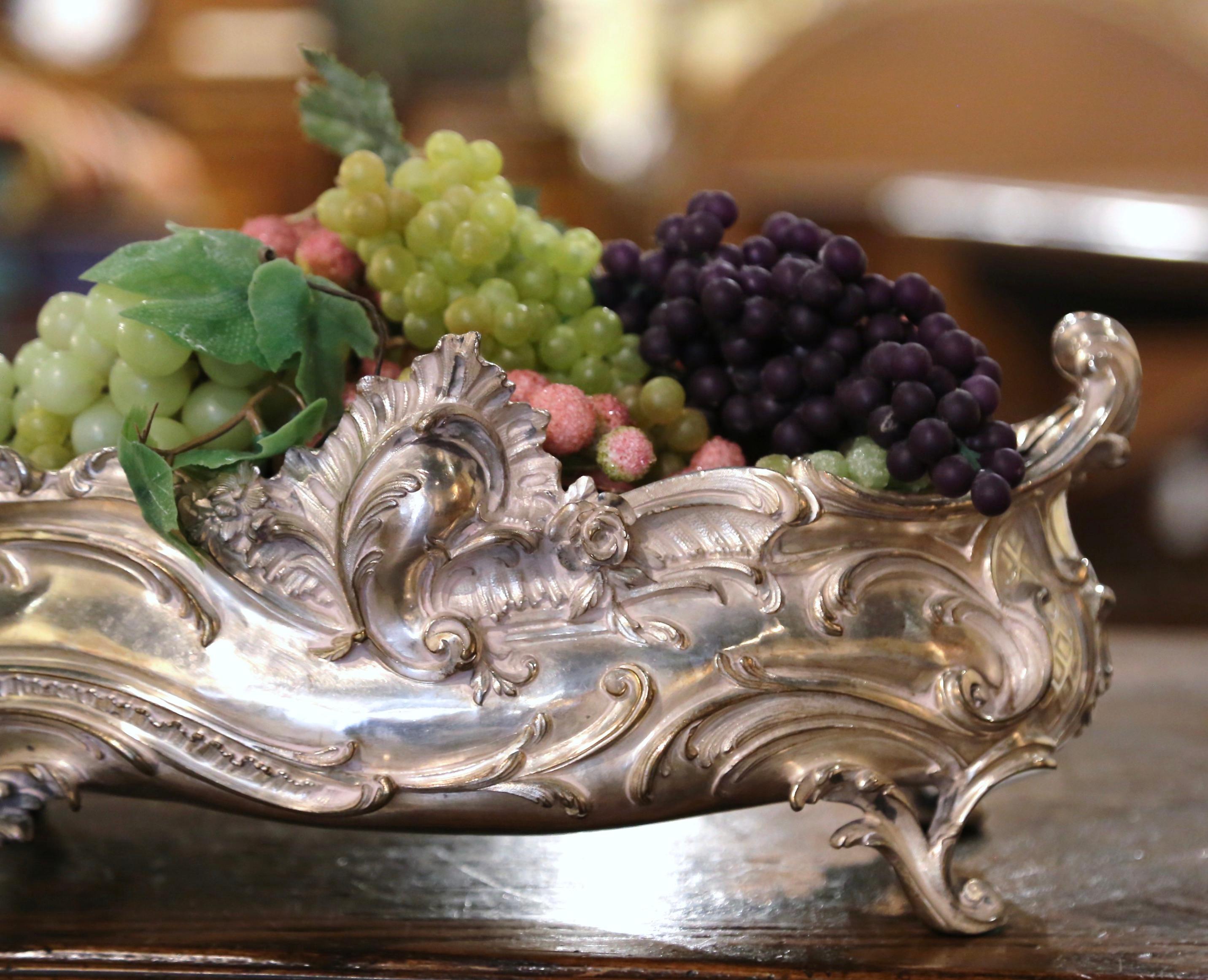19th Century French Louis XV Bronze Silver Plated Oval Jardinière Center Piece In Excellent Condition For Sale In Dallas, TX