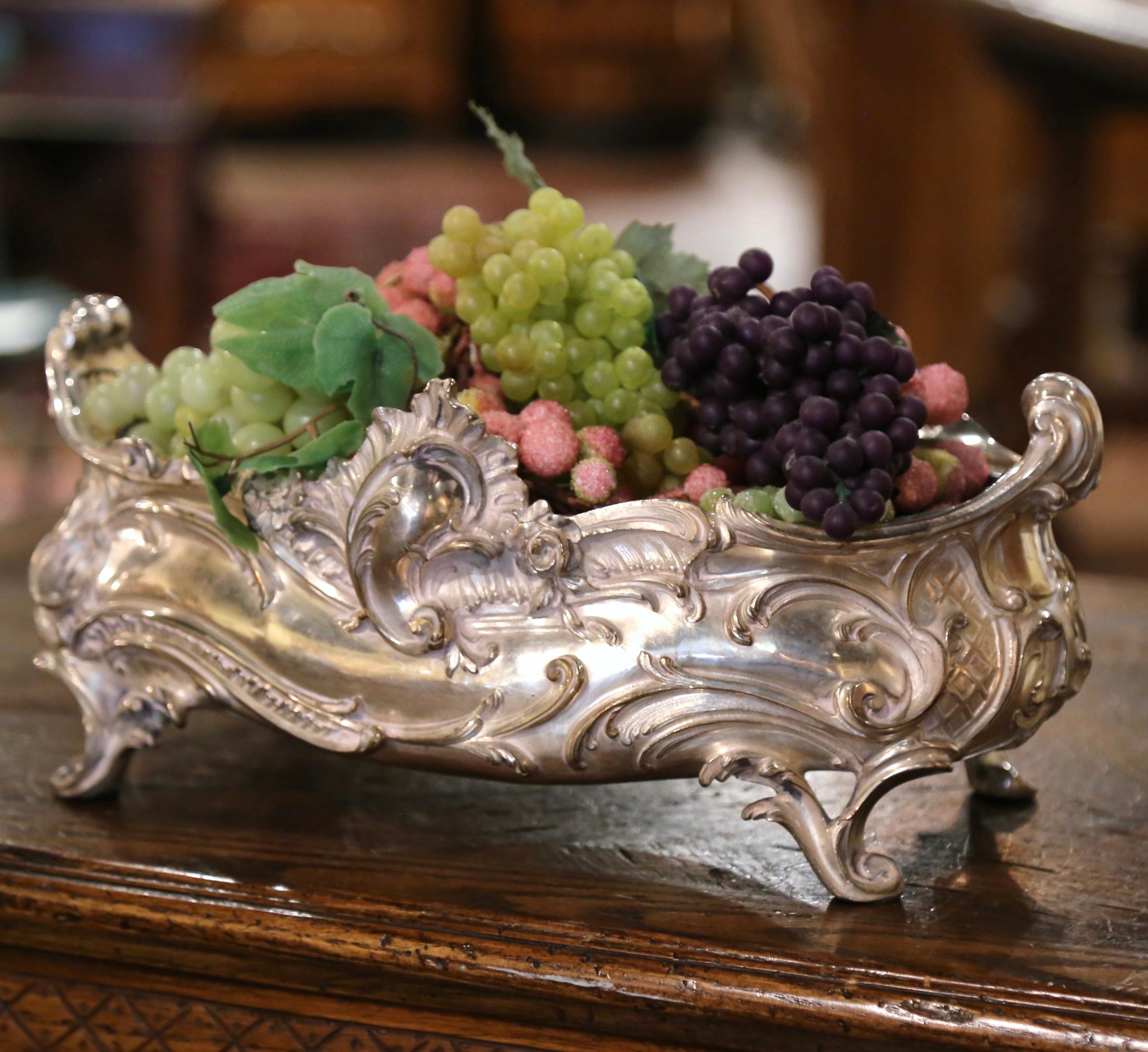 19th Century French Louis XV Bronze Silver Plated Oval Jardinière Center Piece For Sale 1
