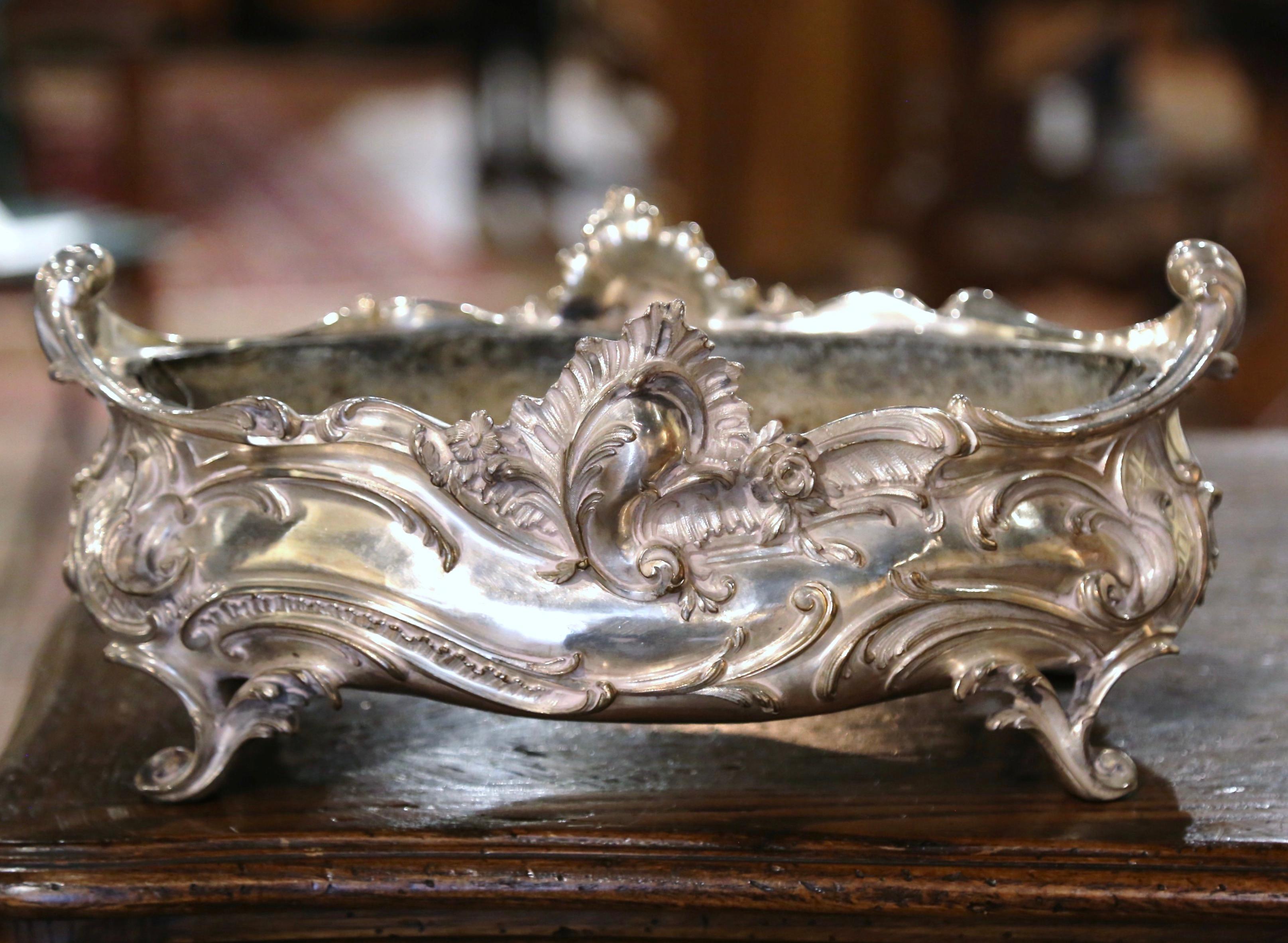 19th Century French Louis XV Bronze Silver Plated Oval Jardinière Center Piece For Sale 3