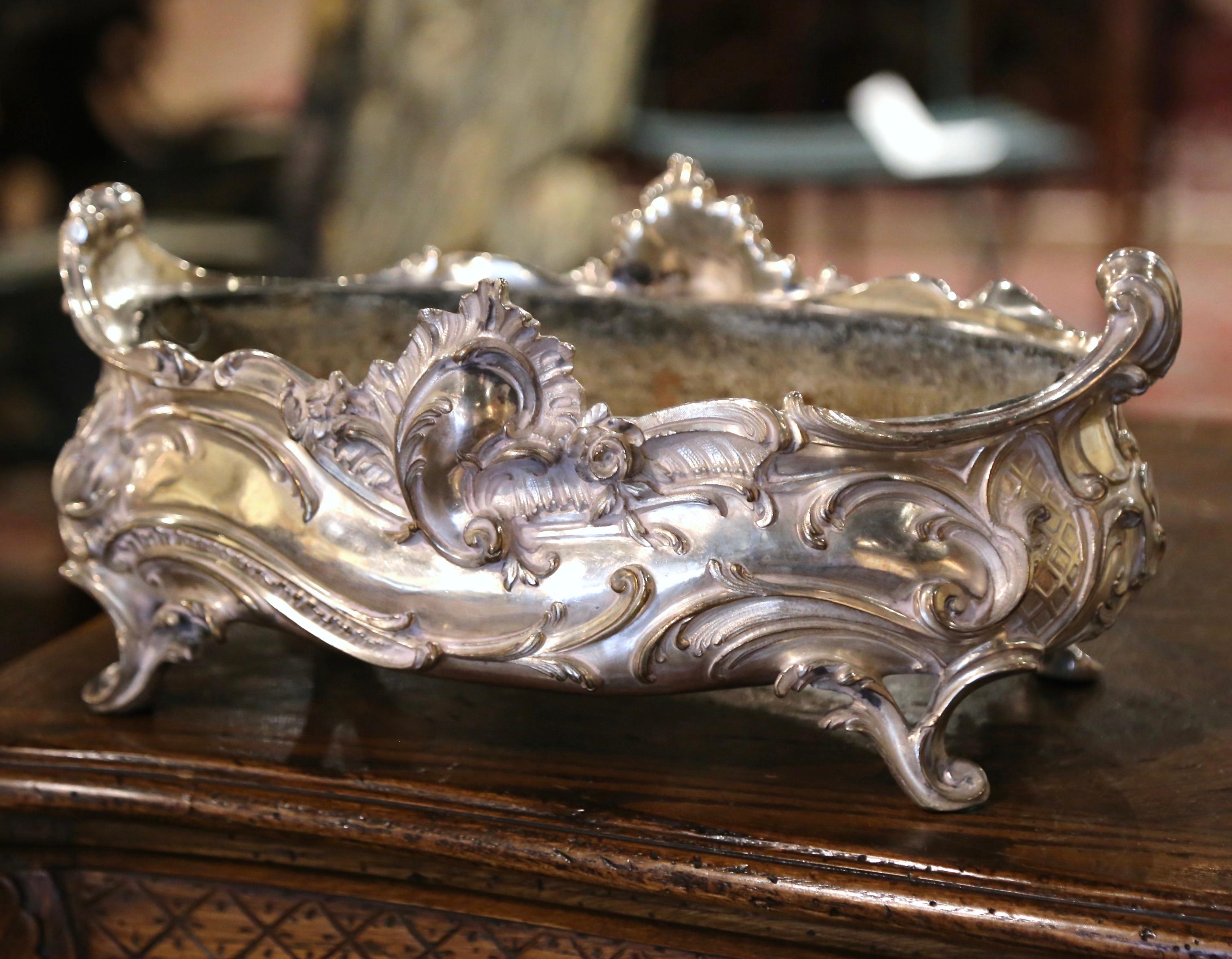 19th Century French Louis XV Bronze Silver Plated Oval Jardinière Center Piece For Sale 4