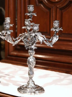 19th Century French Louis XV Bronze Silvered Five-Arm Candelabra