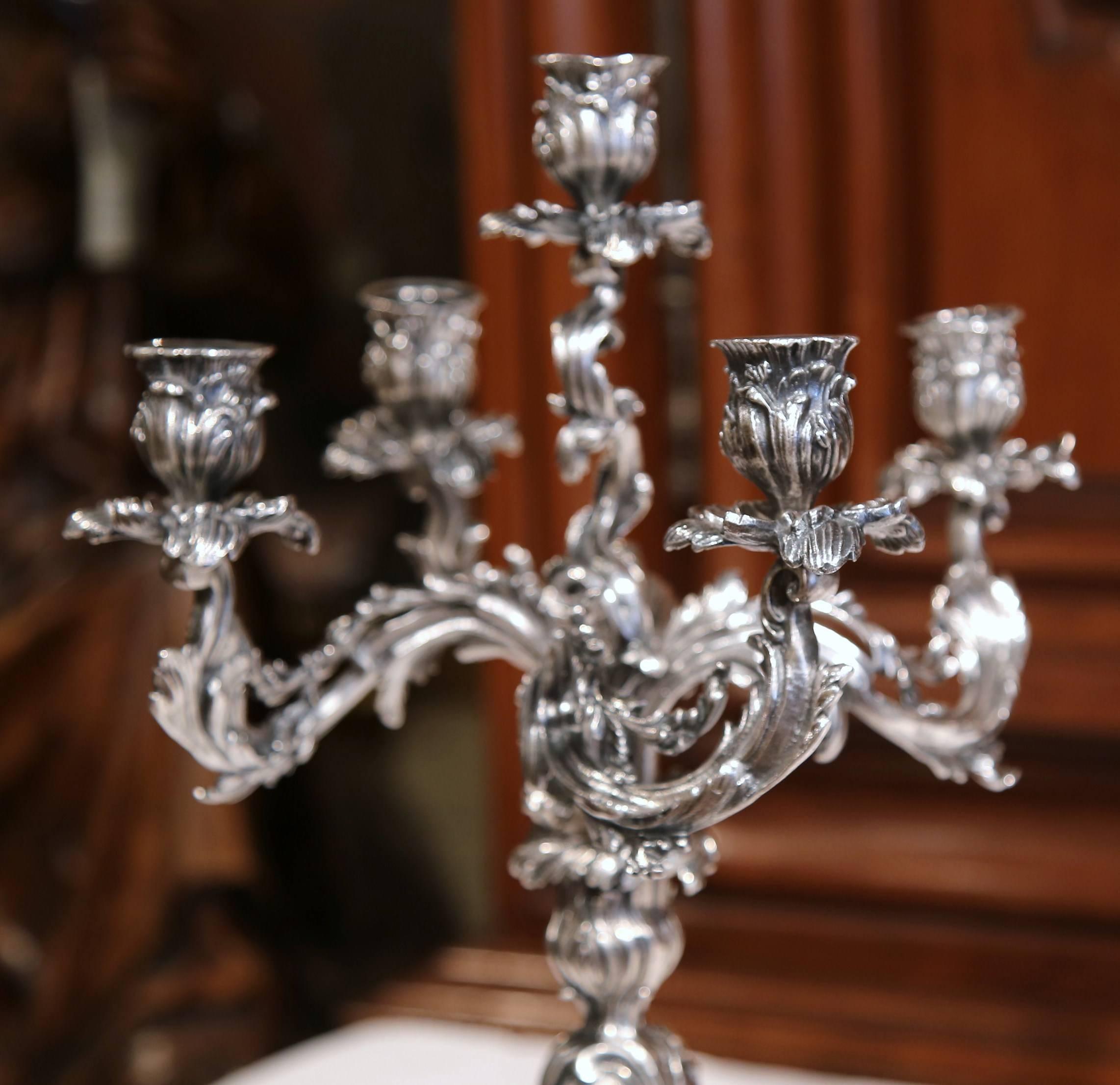 19th Century French Louis XV Bronze Silvered Five-Arm Candelabra In Excellent Condition In Dallas, TX