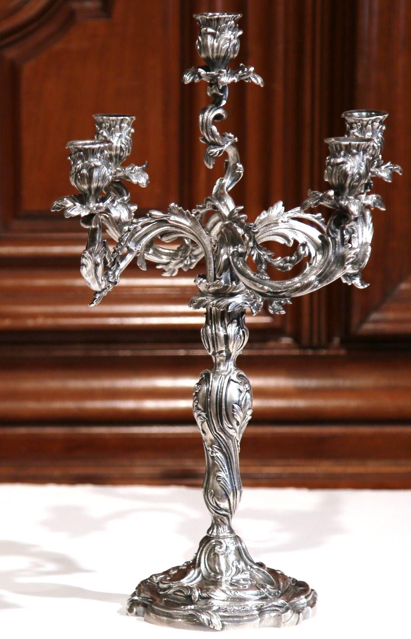 19th Century French Louis XV Bronze Silvered Five-Arm Candelabra 1