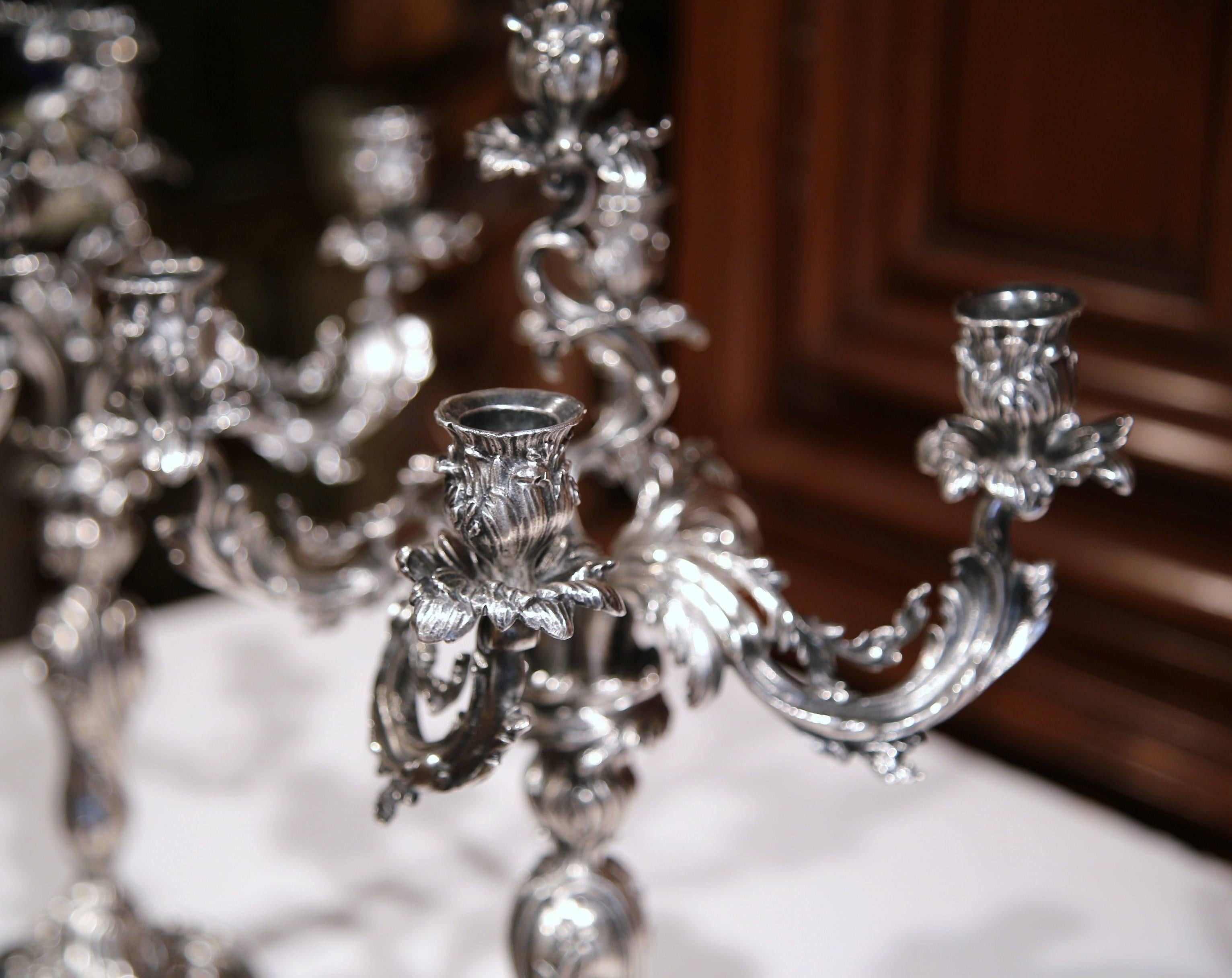 19th Century French Louis XV Bronze Silvered Five-Arm Candelabra 2