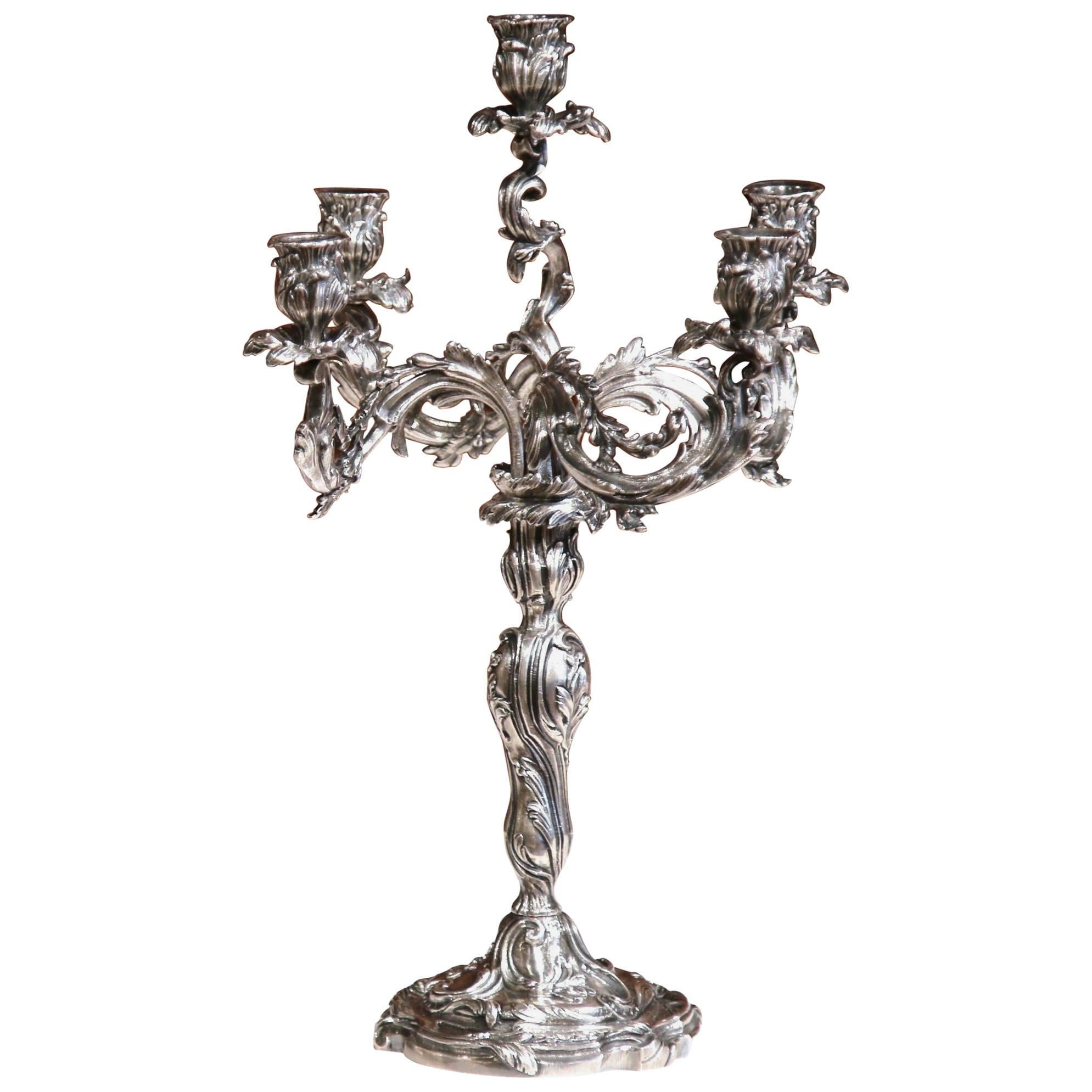 19th Century French Louis XV Bronze Silvered Five-Arm Candelabra