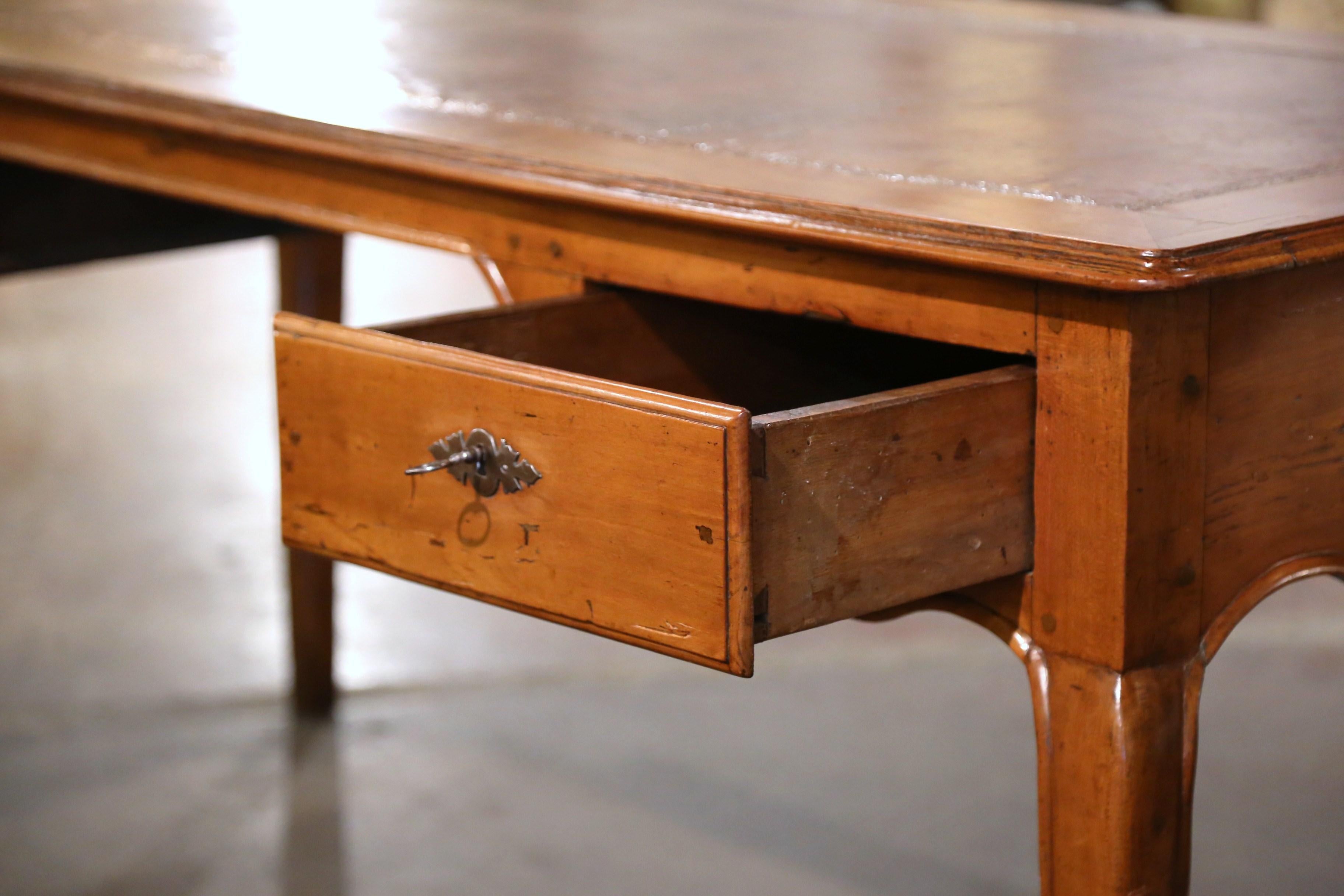 19th Century French Louis XV Brown Leather Carved Cherry Writing Table Desk For Sale 6