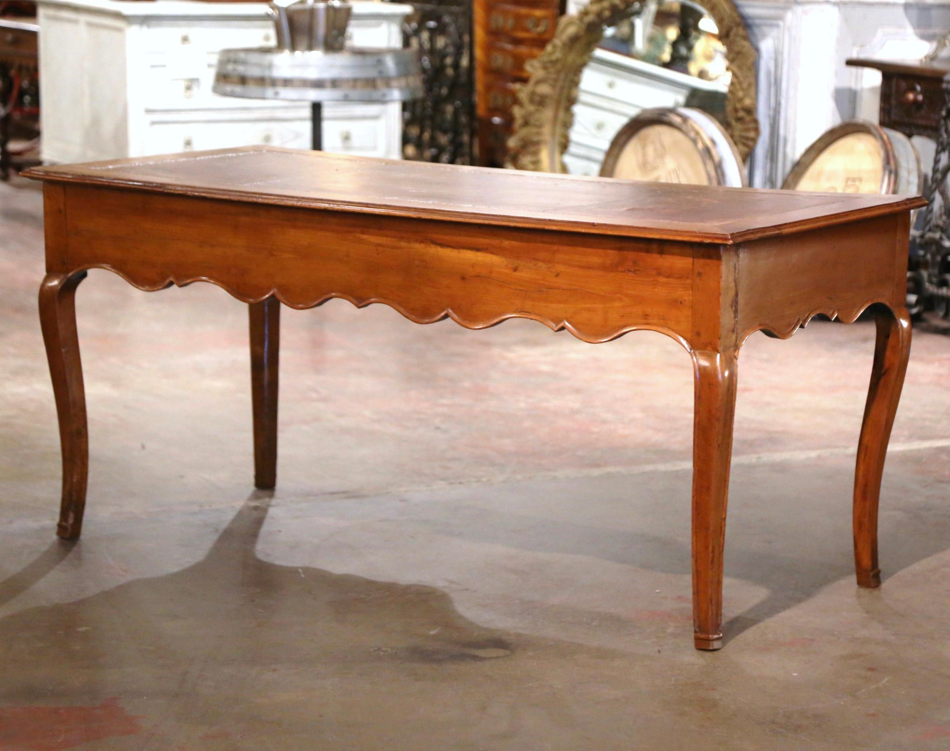 19th Century French Louis XV Brown Leather Carved Cherry Writing Table Desk For Sale 10