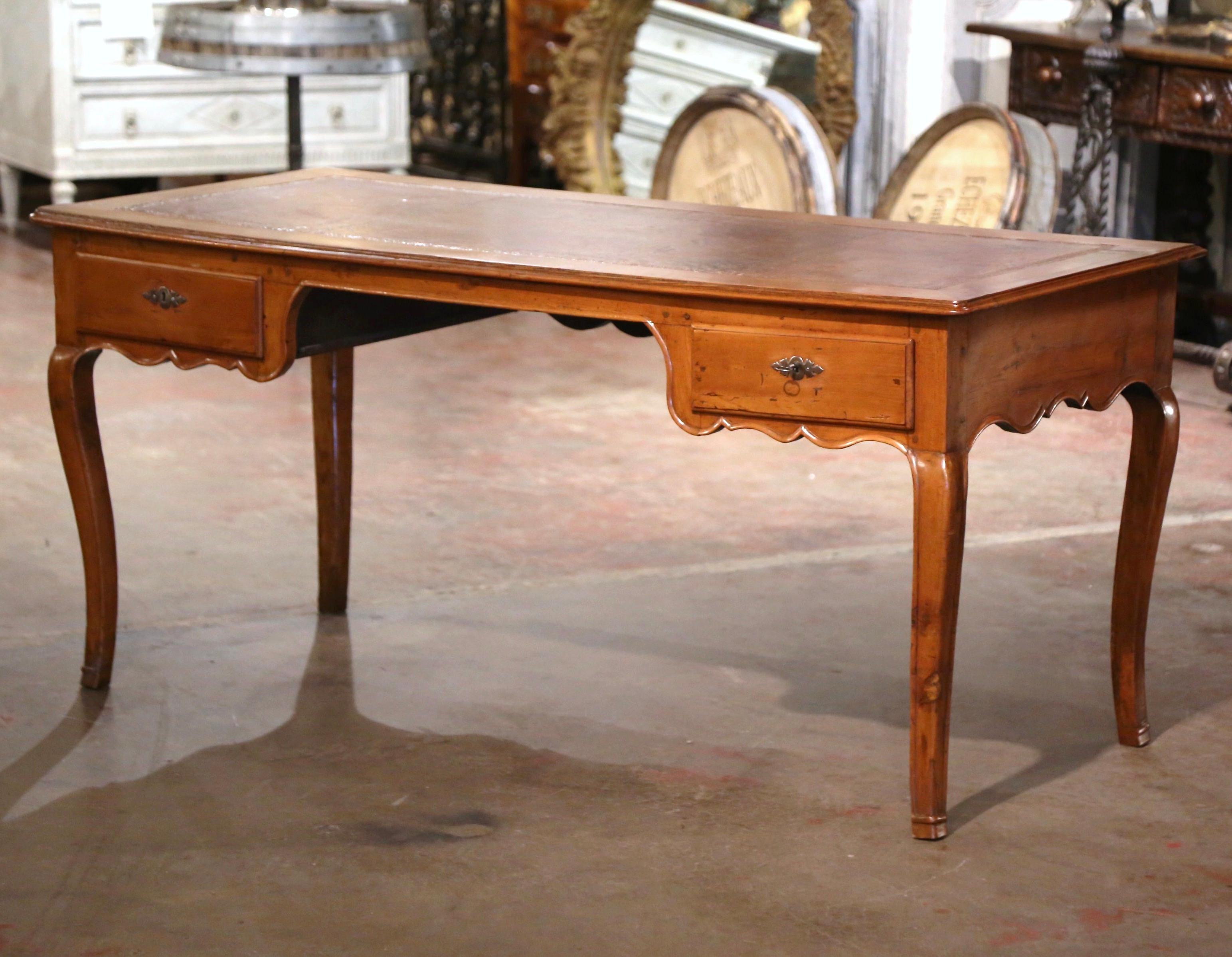 19th Century French Louis XV Brown Leather Carved Cherry Writing Table Desk For Sale 2