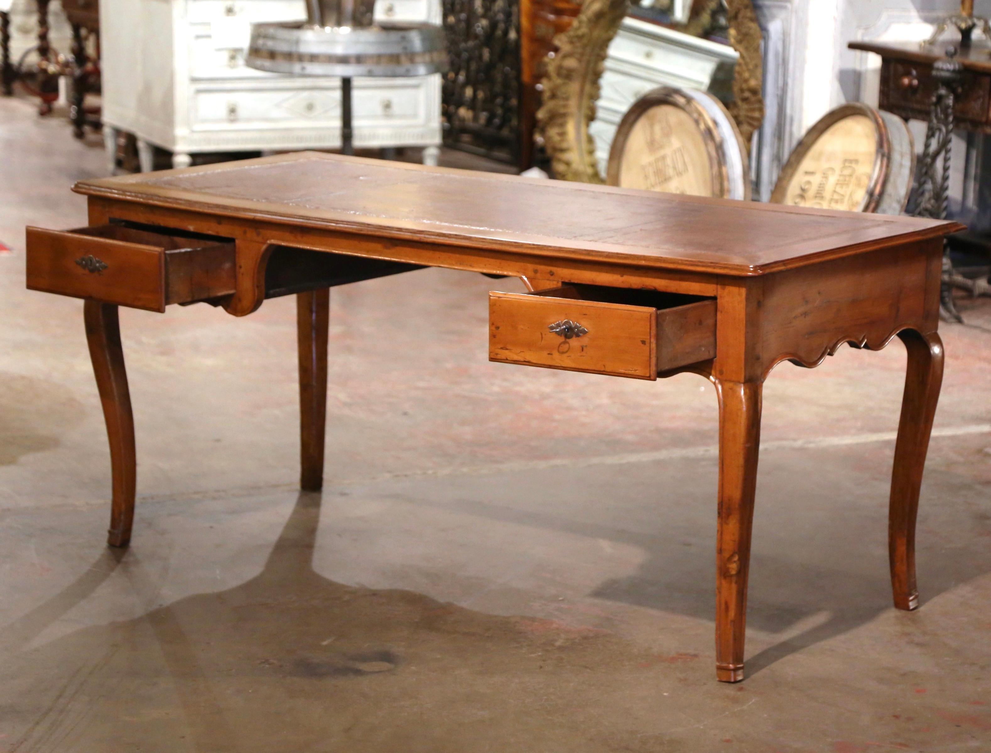19th Century French Louis XV Brown Leather Carved Cherry Writing Table Desk For Sale 4