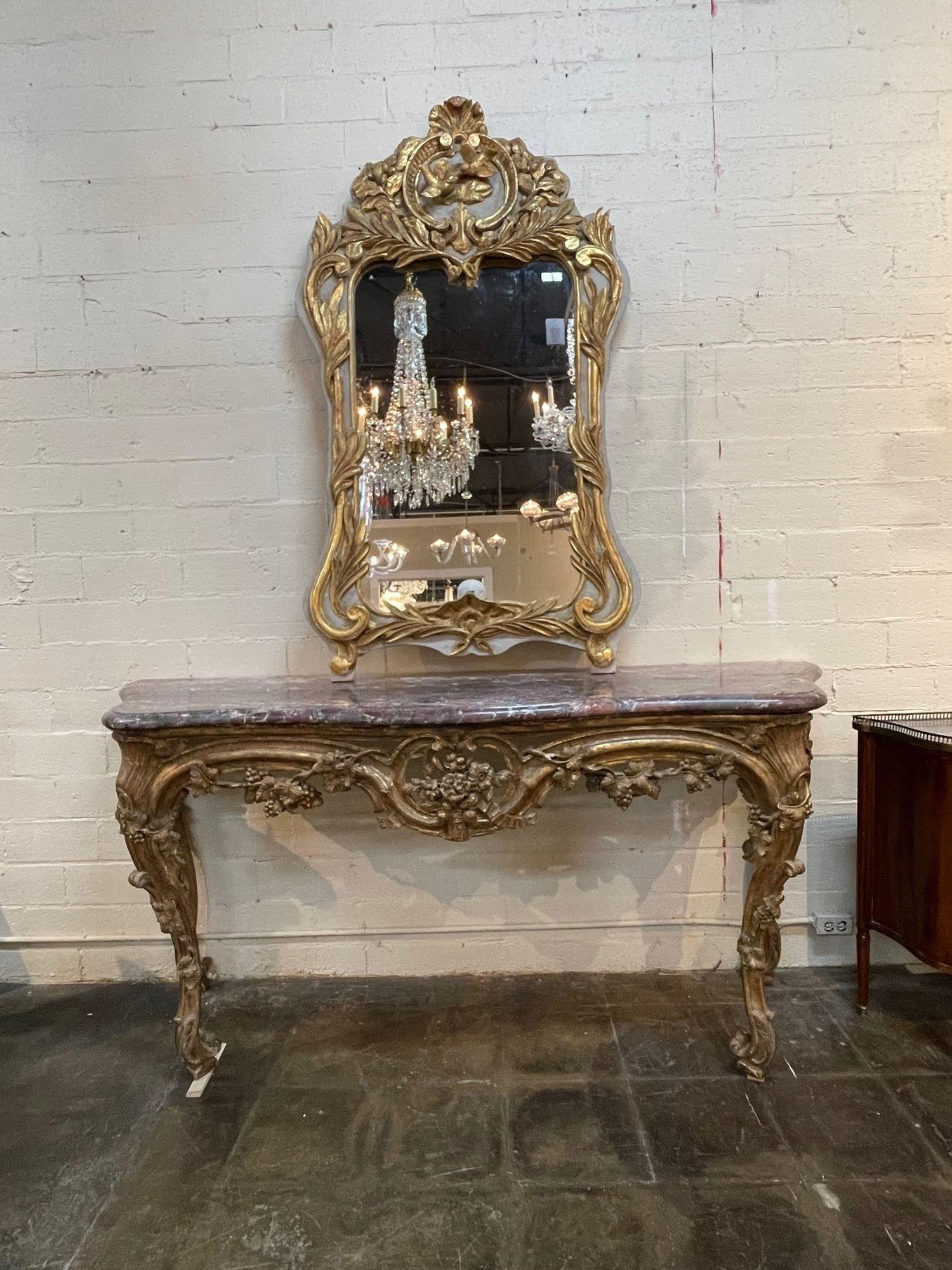 Elegant 19th century French Louis XV carved and giltwood console. Featuring very fine carvings and gold gilt along with a beautiful marble top. An exceptional piece!!