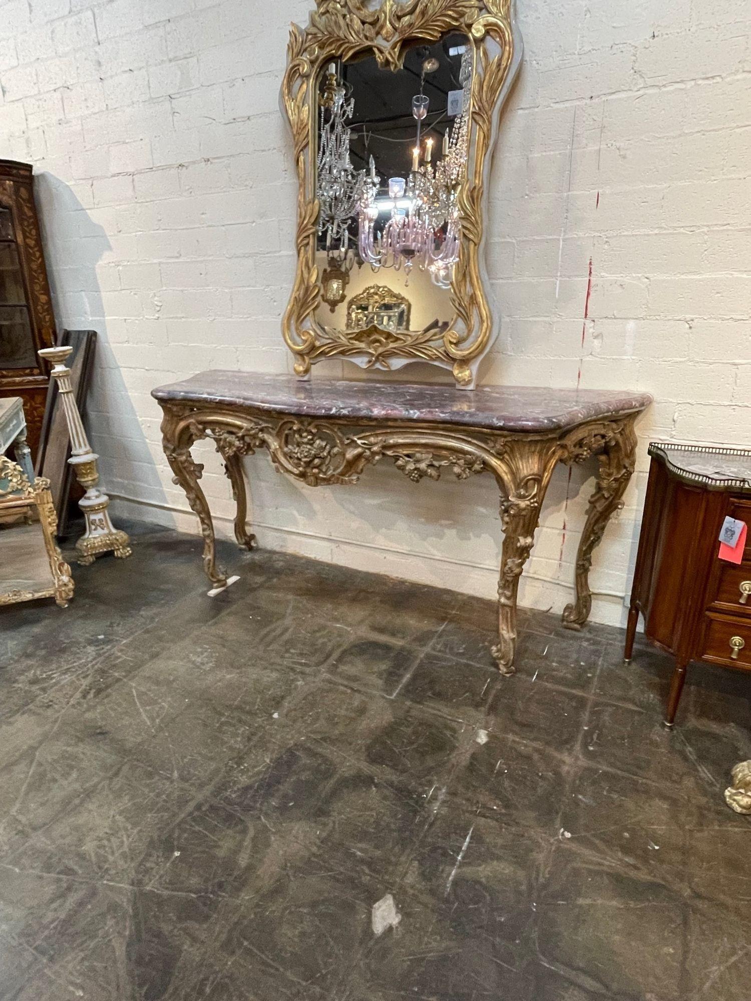 19th Century, French Louis XV Carved and Gilted Console 4