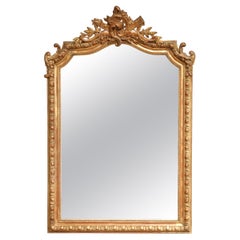 19th Century French Louis XV Carved Arched Giltwood Wall Mirror with Leaf Decor