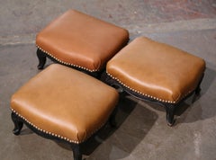 19th Century French Louis XV Carved Blackened Footstools with Leather, Set of 3