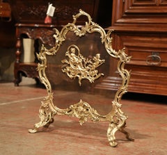 19th Century French Louis XV Carved Bronze Doré Fireplace Screen with Cherubs