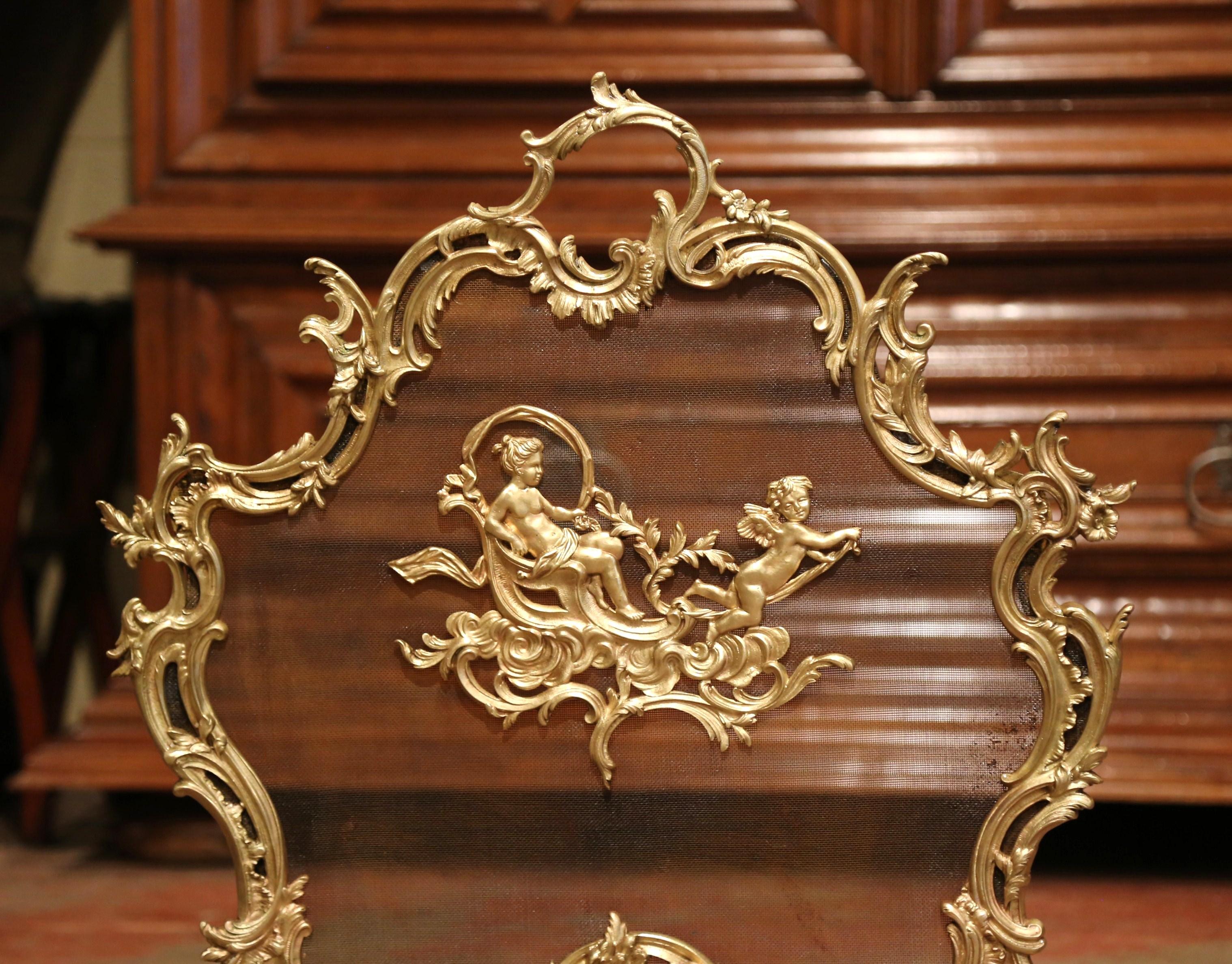 Hand-Crafted 19th Century French Louis XV Carved Bronze Doré Fireplace Screen with Cherubs