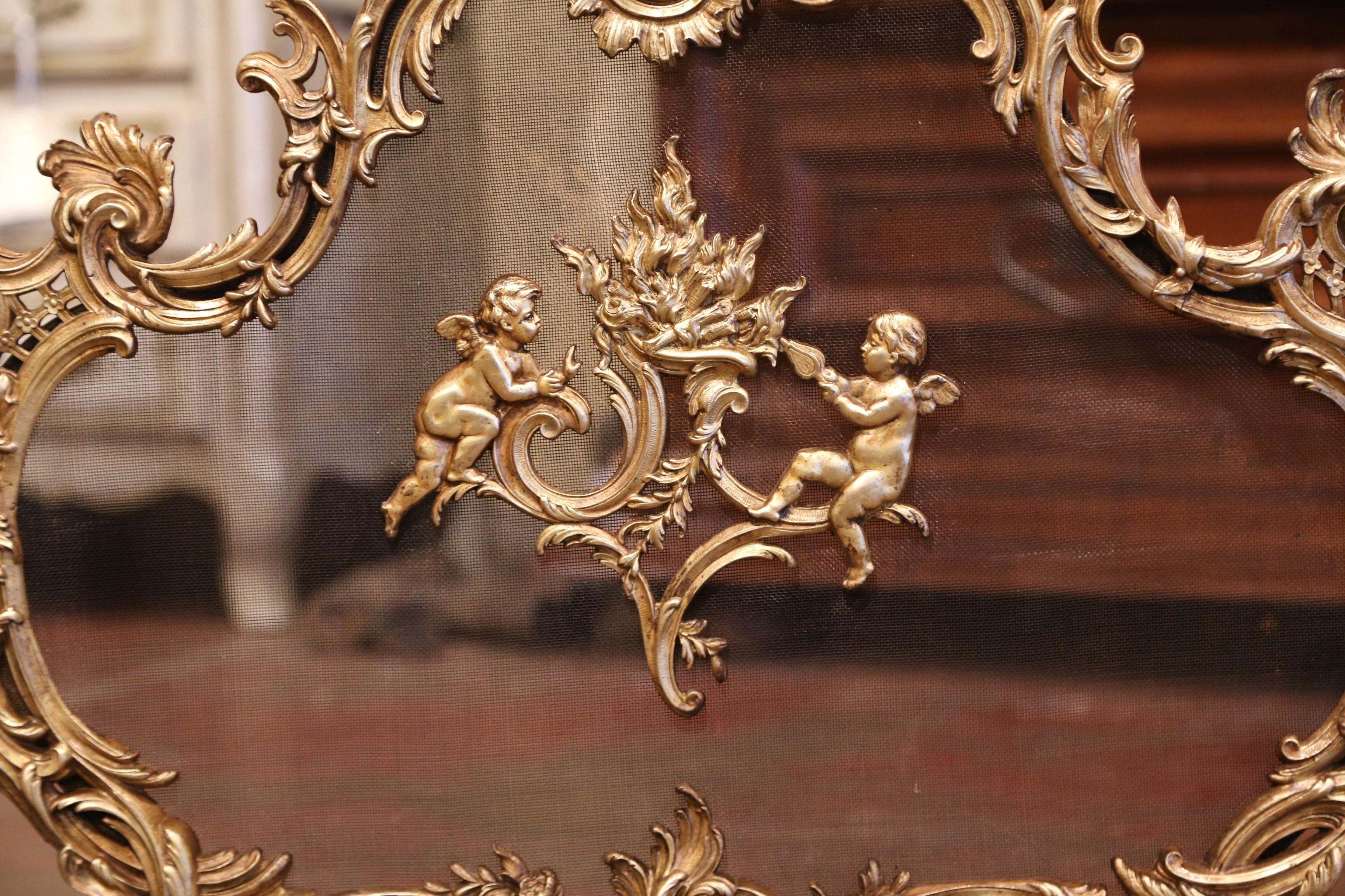 Gilt 19th Century French Louis XV Carved Bronze Doré Fireplace Screen with Cherubs