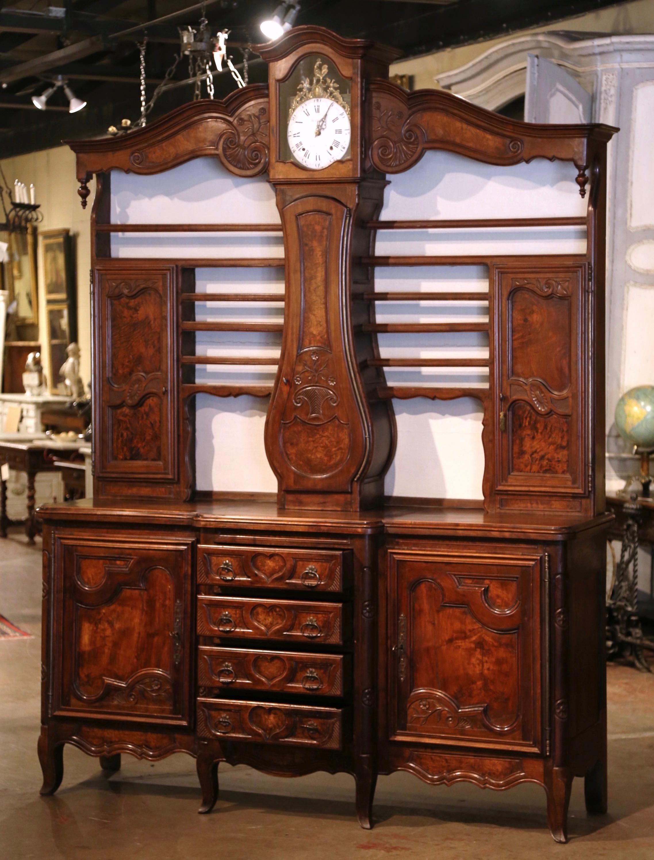 19th Century French Louis XV Carved Burl, Ash & Walnut Bressan Clock Vaisselier  For Sale 10