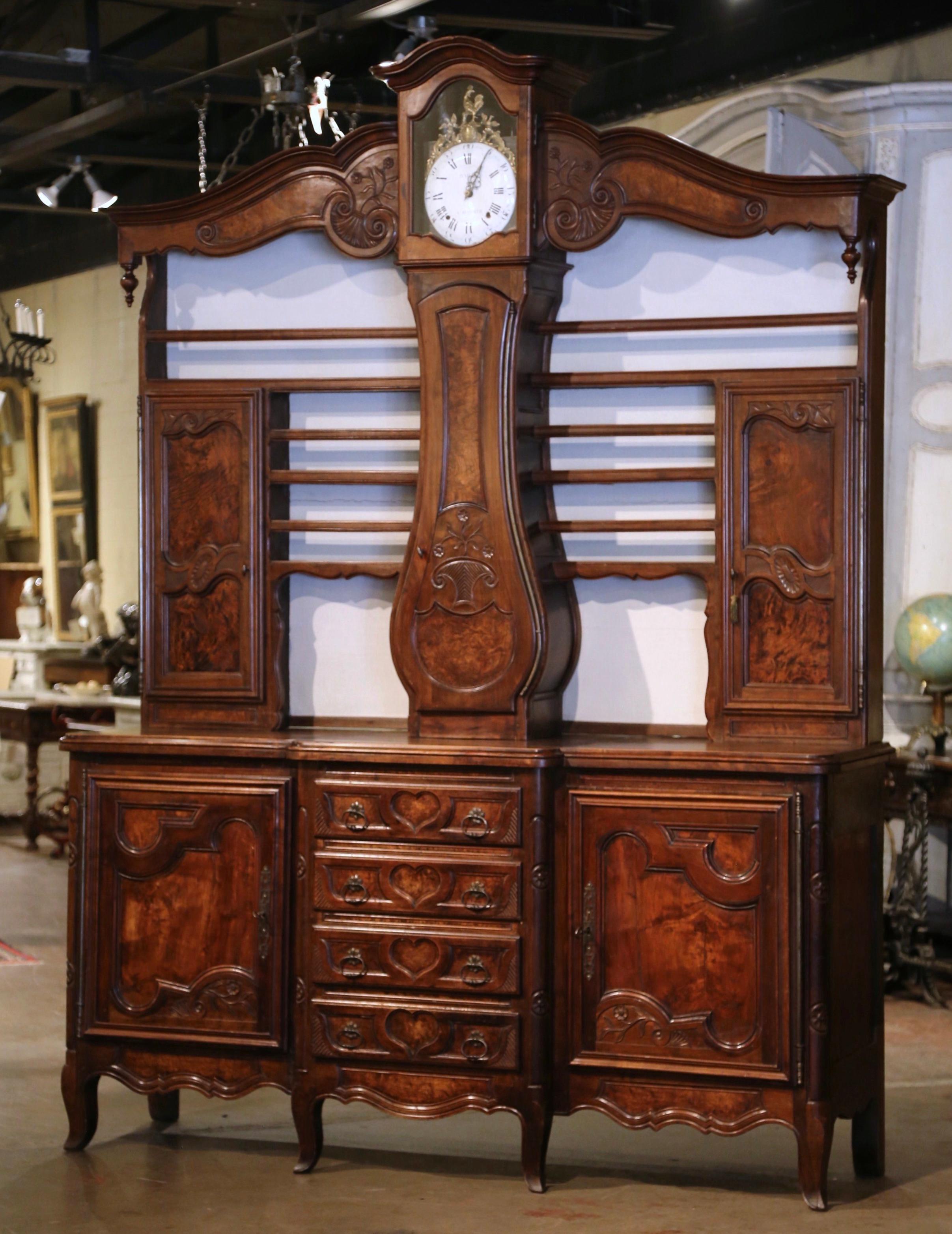 19th Century French Louis XV Carved Burl, Ash & Walnut Bressan Clock Vaisselier  For Sale 2