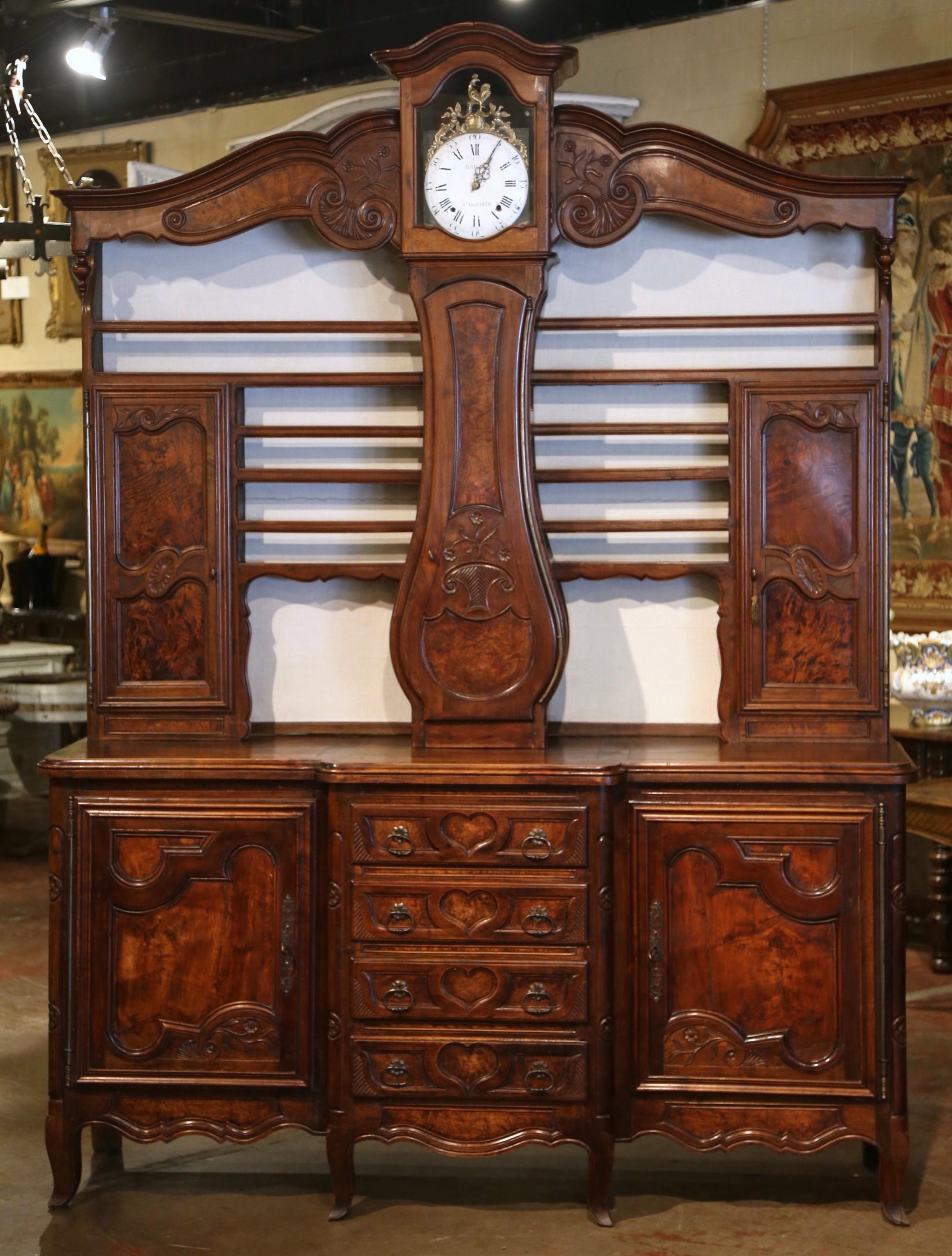 19th Century French Louis XV Carved Burl, Ash & Walnut Bressan Clock Vaisselier For Sale 3