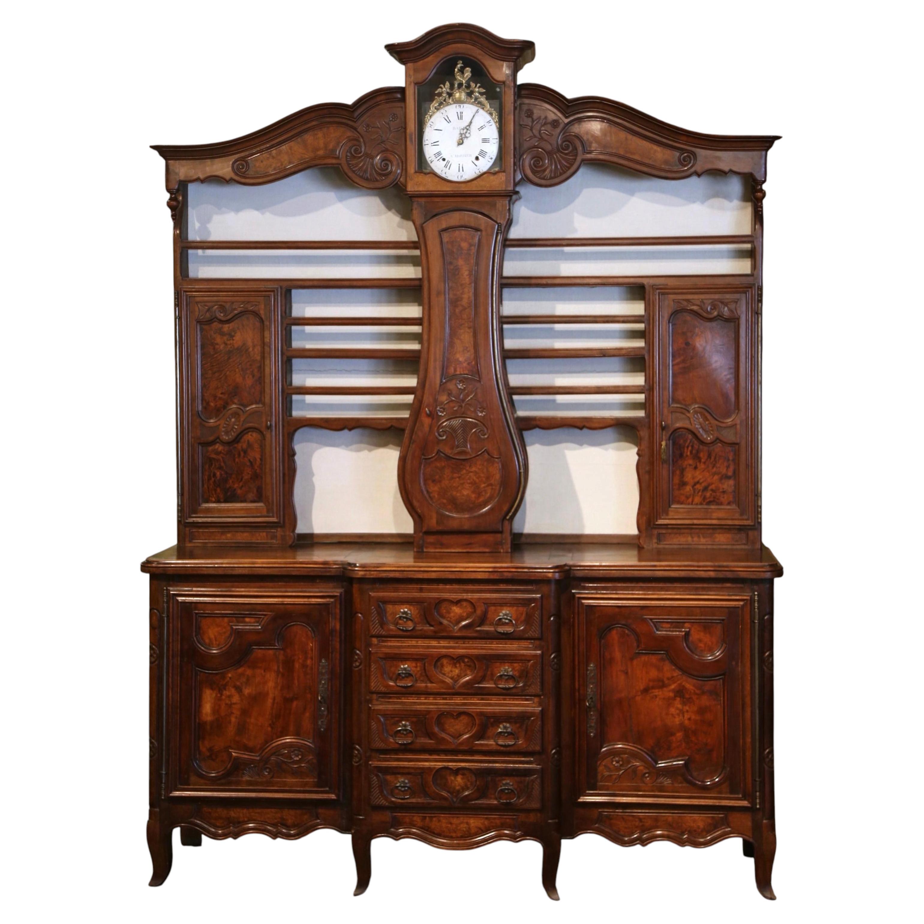 19th Century French Bressan Walnut Burl Buffet à Horloge Vaisselier For Sale