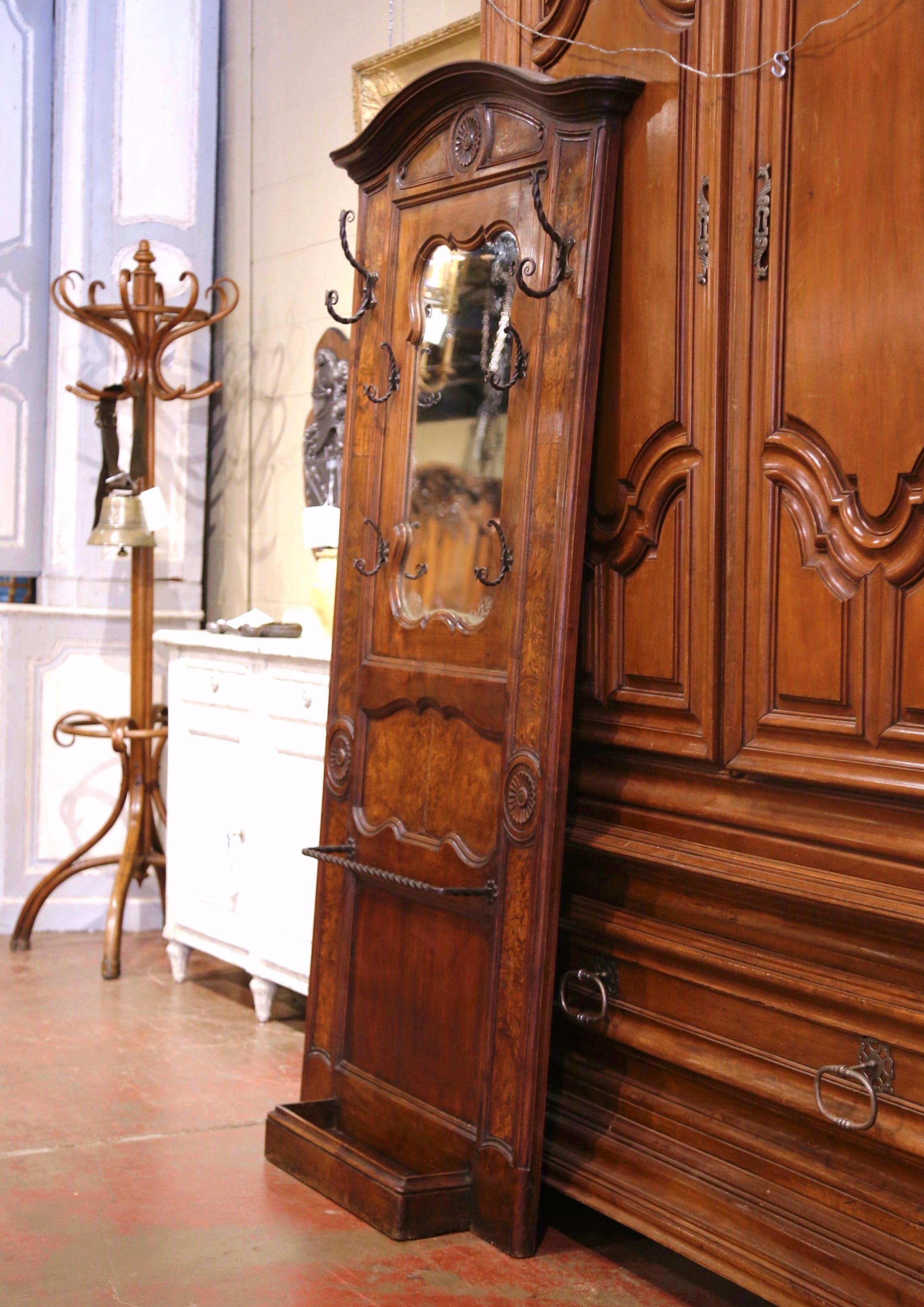 19th Century French Louis XV Carved Burl Walnut Hall Tree with Mirror and Hooks 6