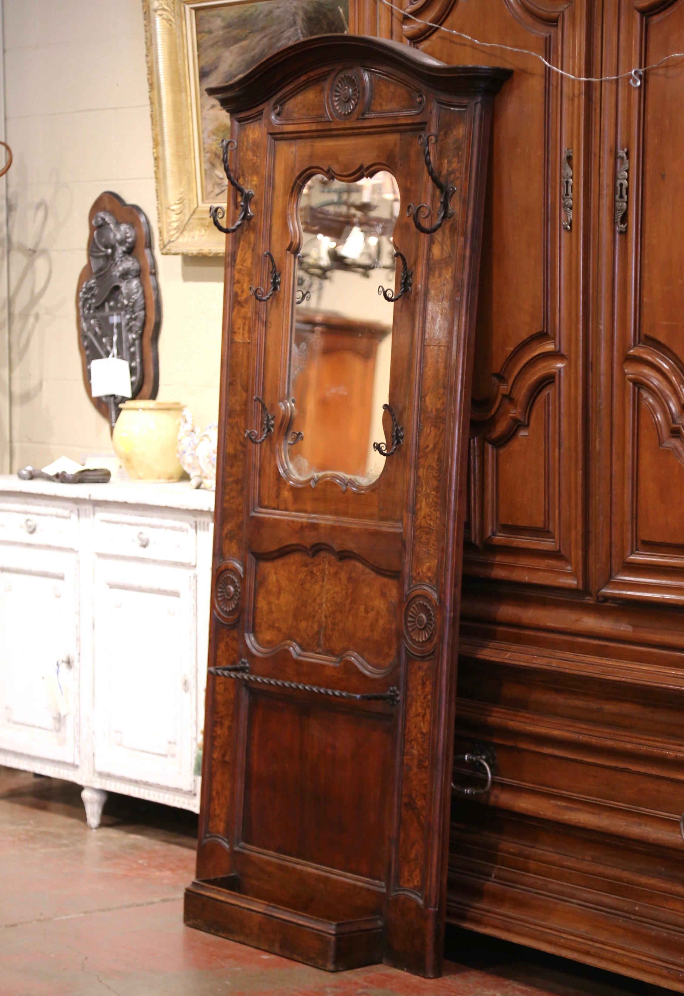 Hand-Carved 19th Century French Louis XV Carved Burl Walnut Hall Tree with Mirror and Hooks