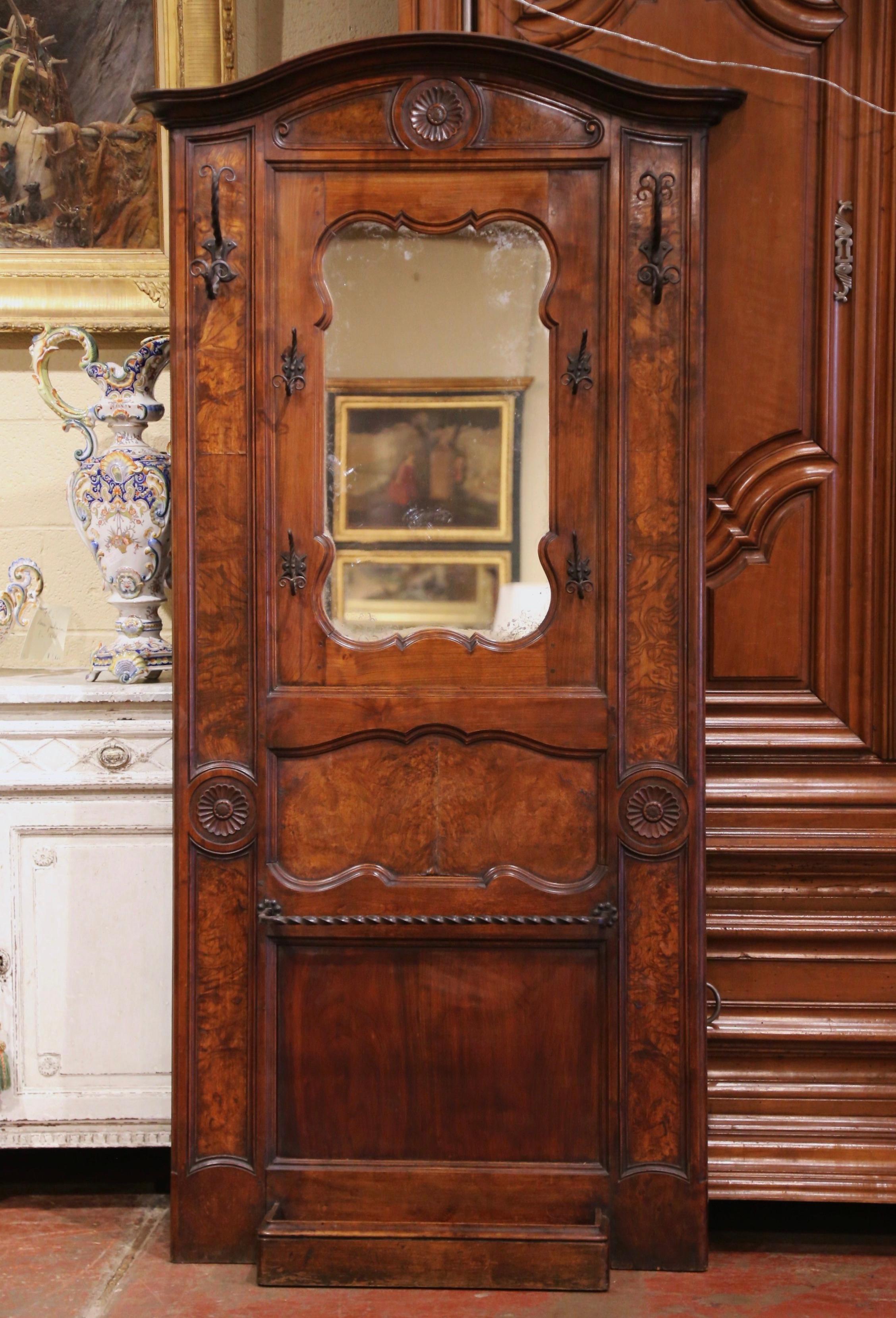 19th Century French Louis XV Carved Burl Walnut Hall Tree with Mirror and Hooks In Good Condition In Dallas, TX