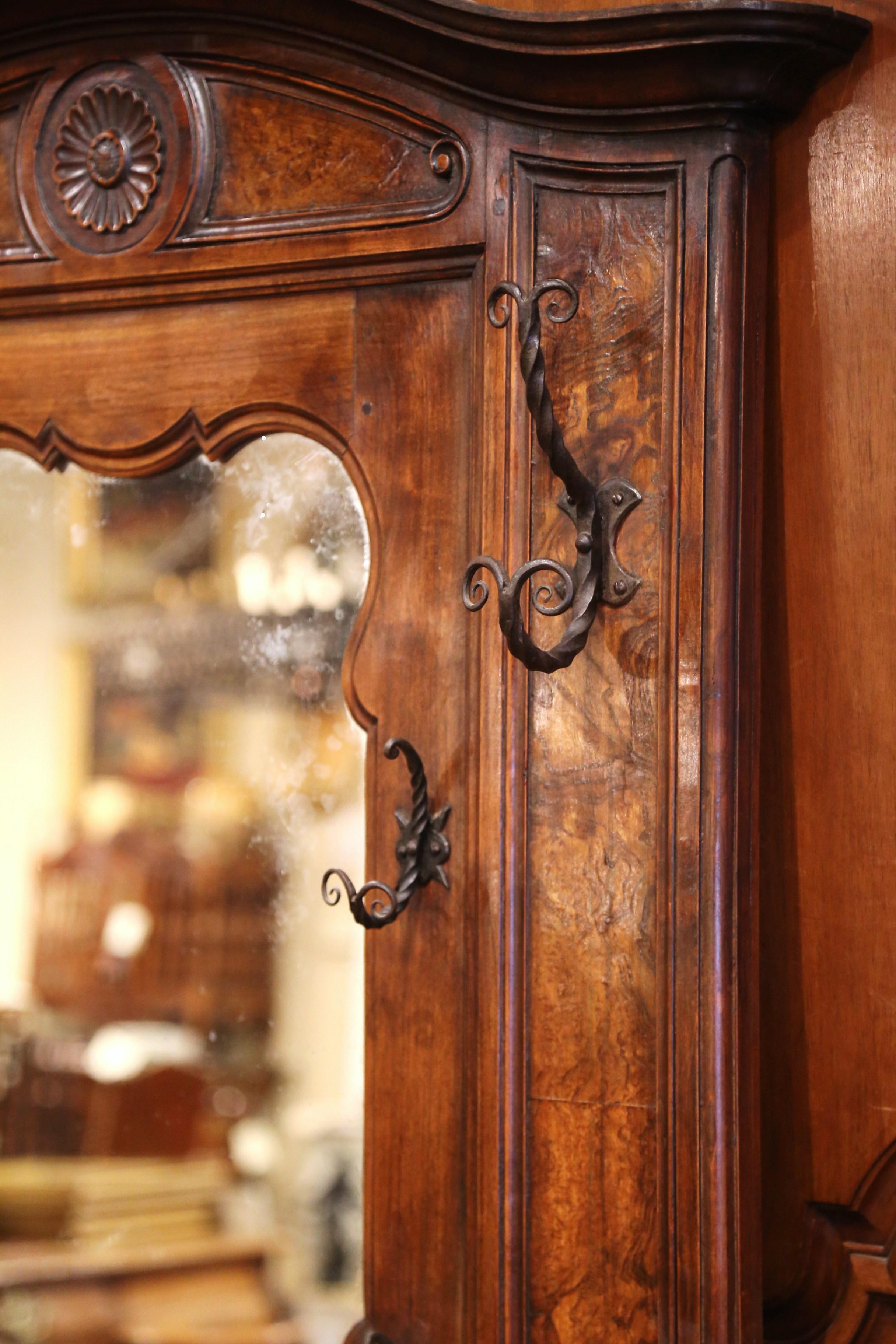 19th Century French Louis XV Carved Burl Walnut Hall Tree with Mirror and Hooks 2