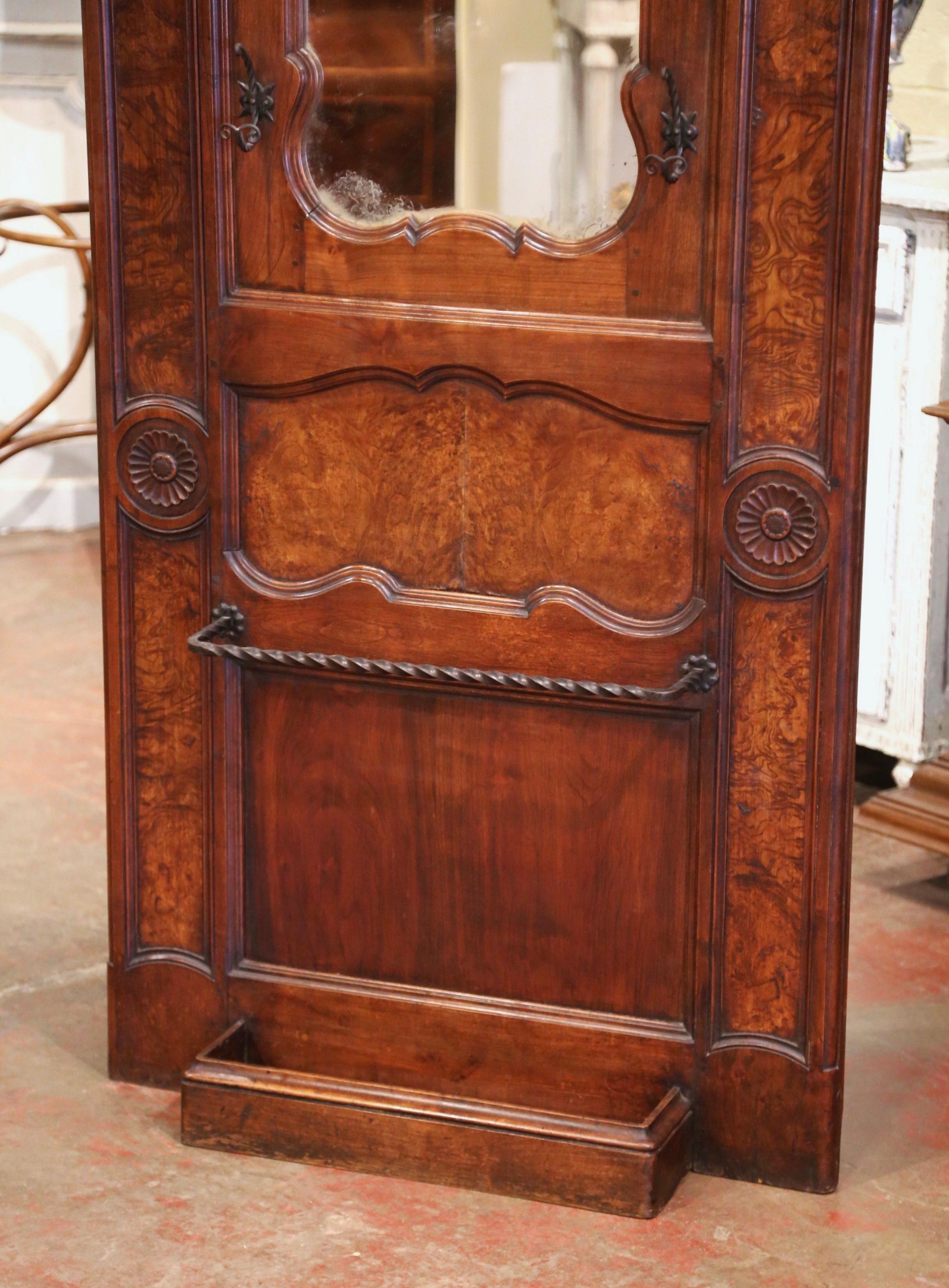 19th Century French Louis XV Carved Burl Walnut Hall Tree with Mirror and Hooks 3