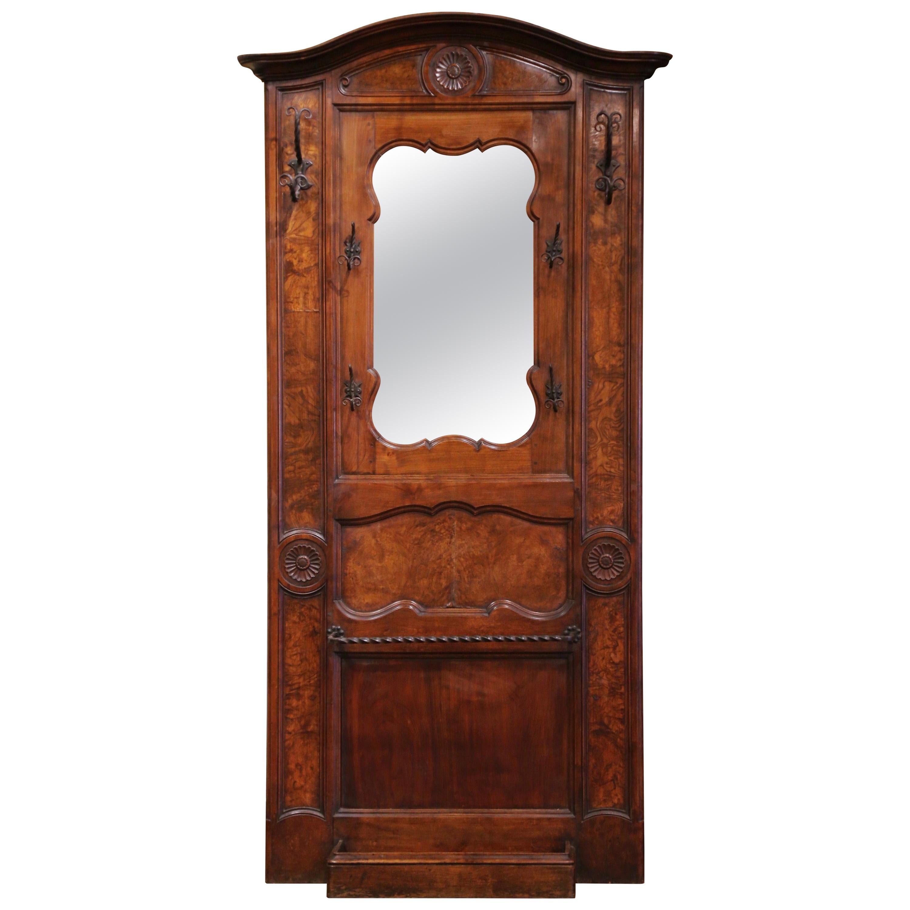 19th Century French Louis XV Carved Burl Walnut Hall Tree with Mirror and Hooks