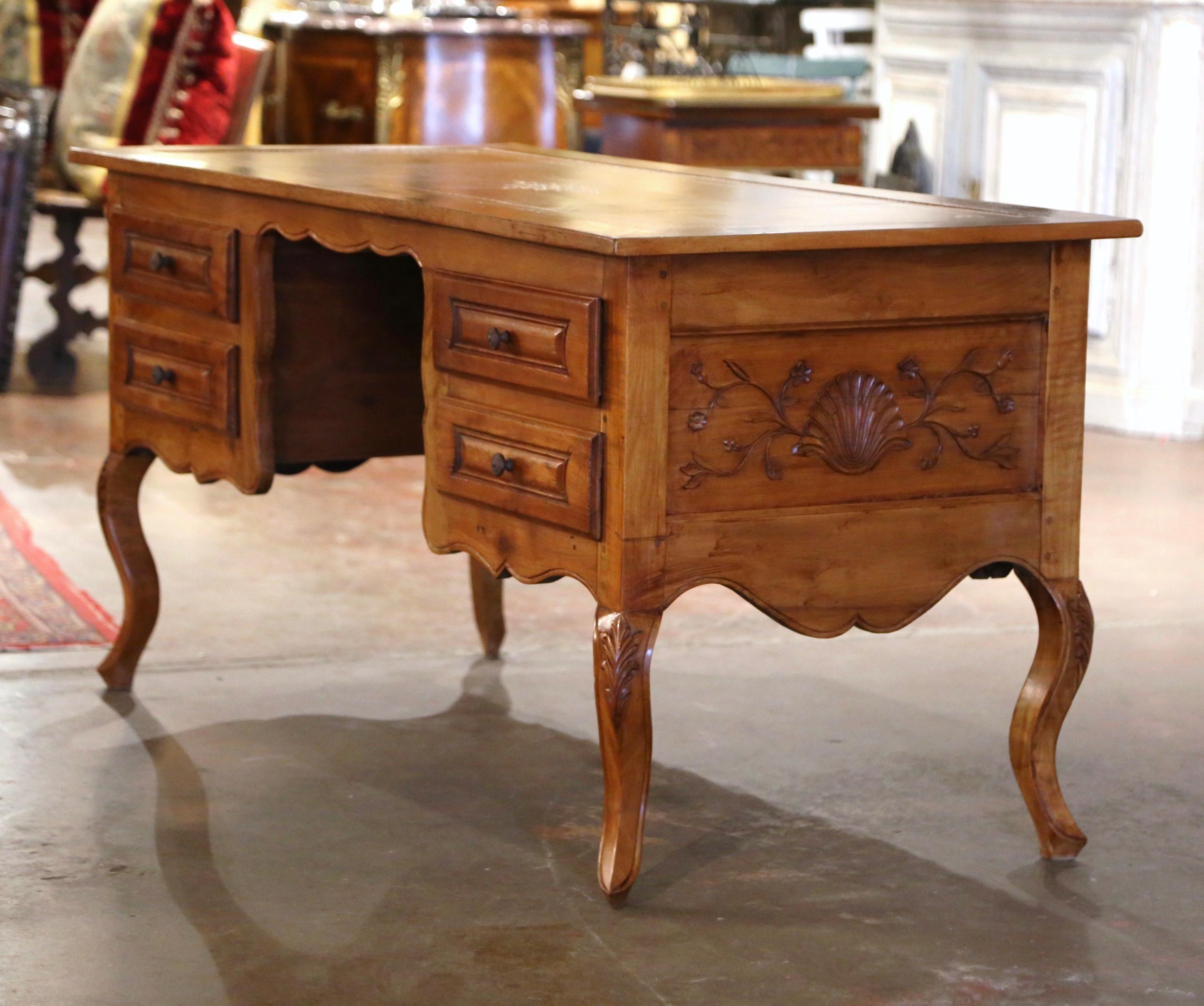 19th Century French Louis XV Carved Cherry Desk with Tan Leather Top For Sale 6