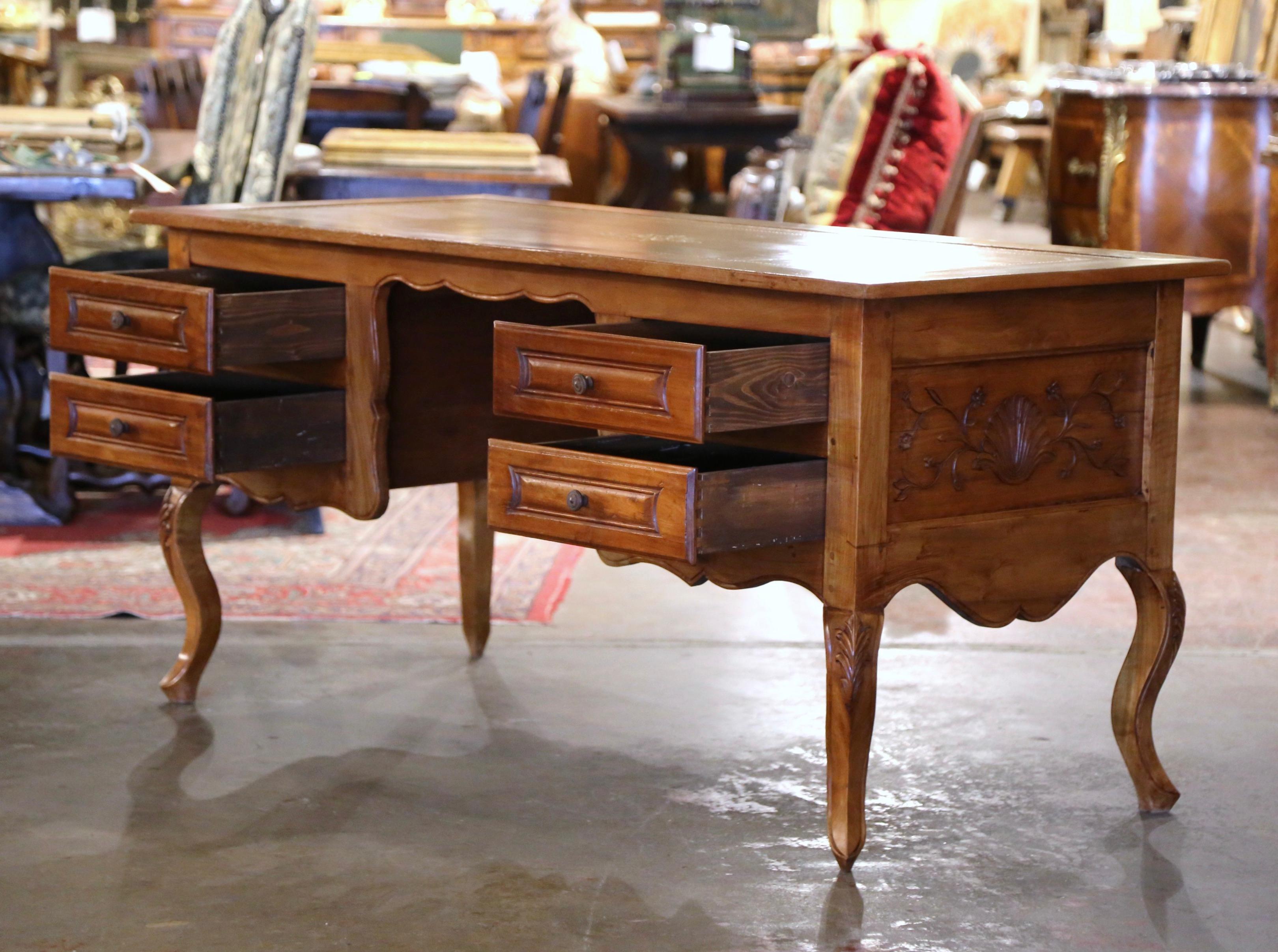 19th Century French Louis XV Carved Cherry Desk with Tan Leather Top For Sale 9