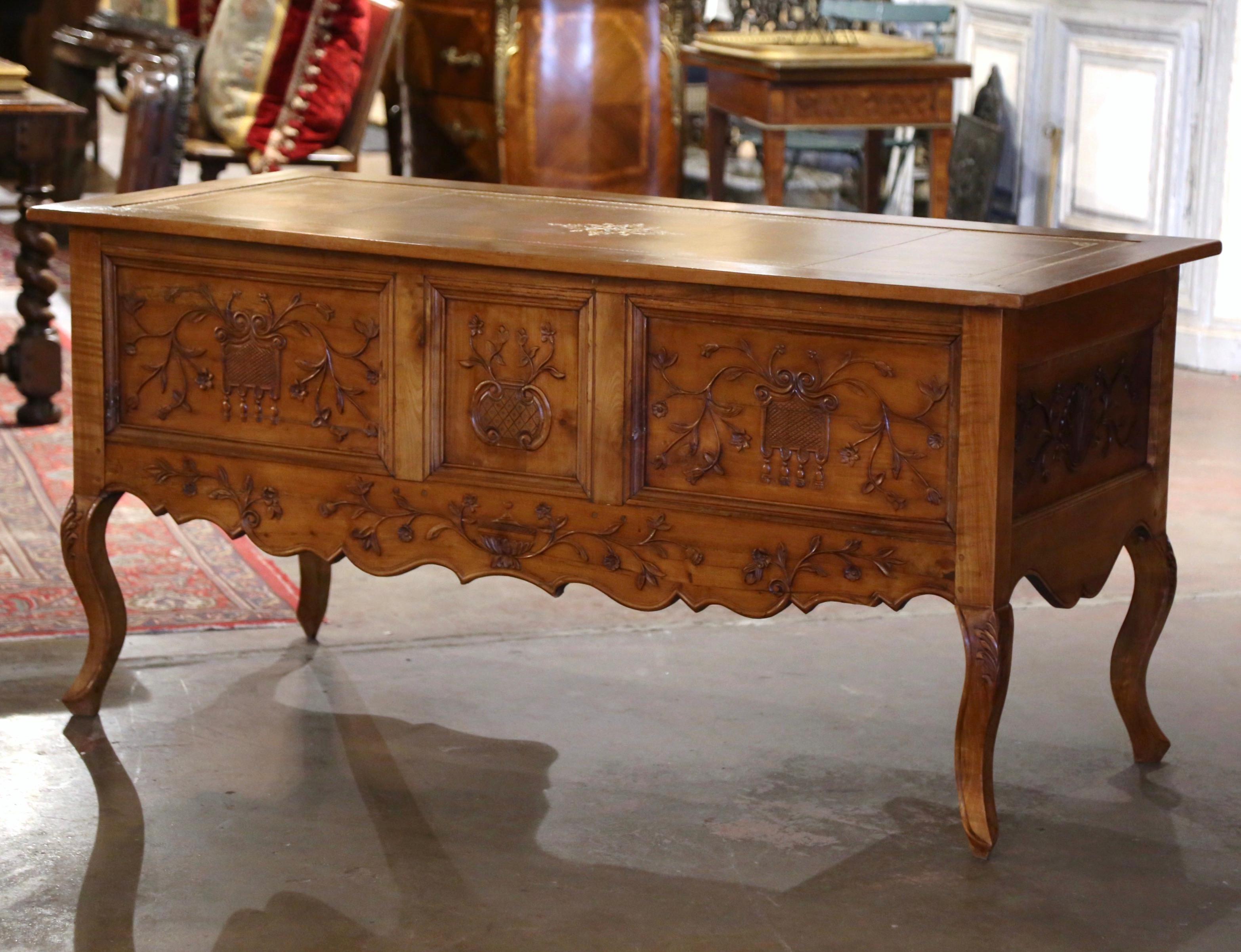 19th Century French Louis XV Carved Cherry Desk with Tan Leather Top For Sale 11