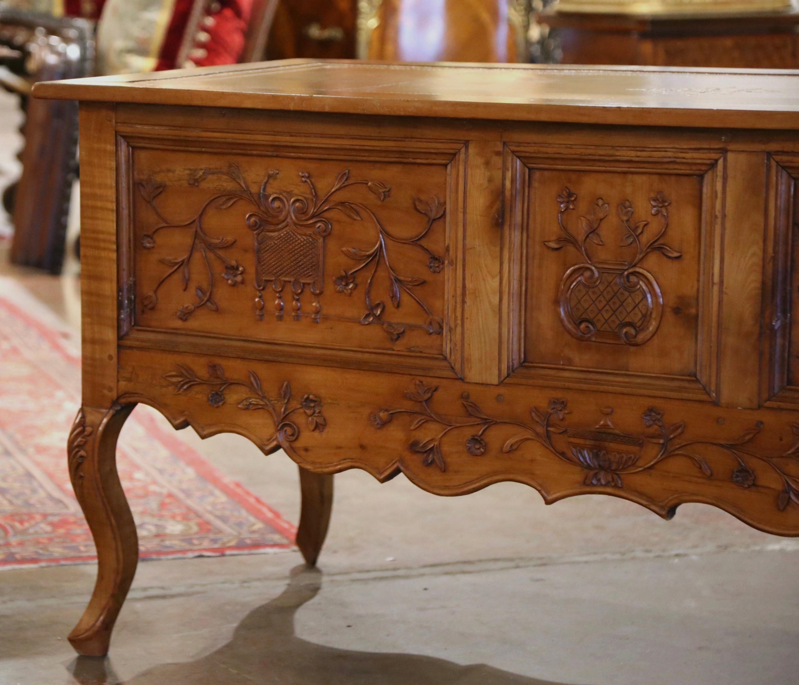 19th Century French Louis XV Carved Cherry Desk with Tan Leather Top For Sale 12