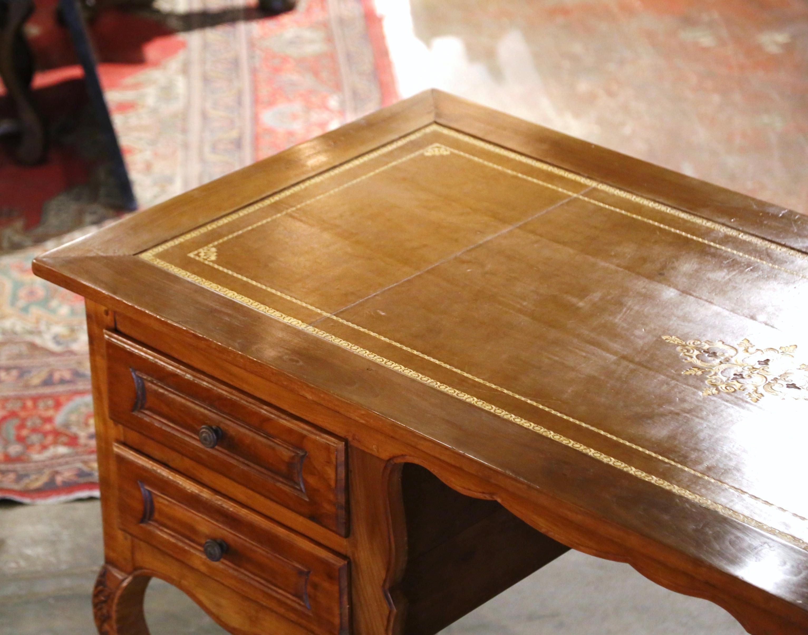 19th Century French Louis XV Carved Cherry Desk with Tan Leather Top For Sale 1